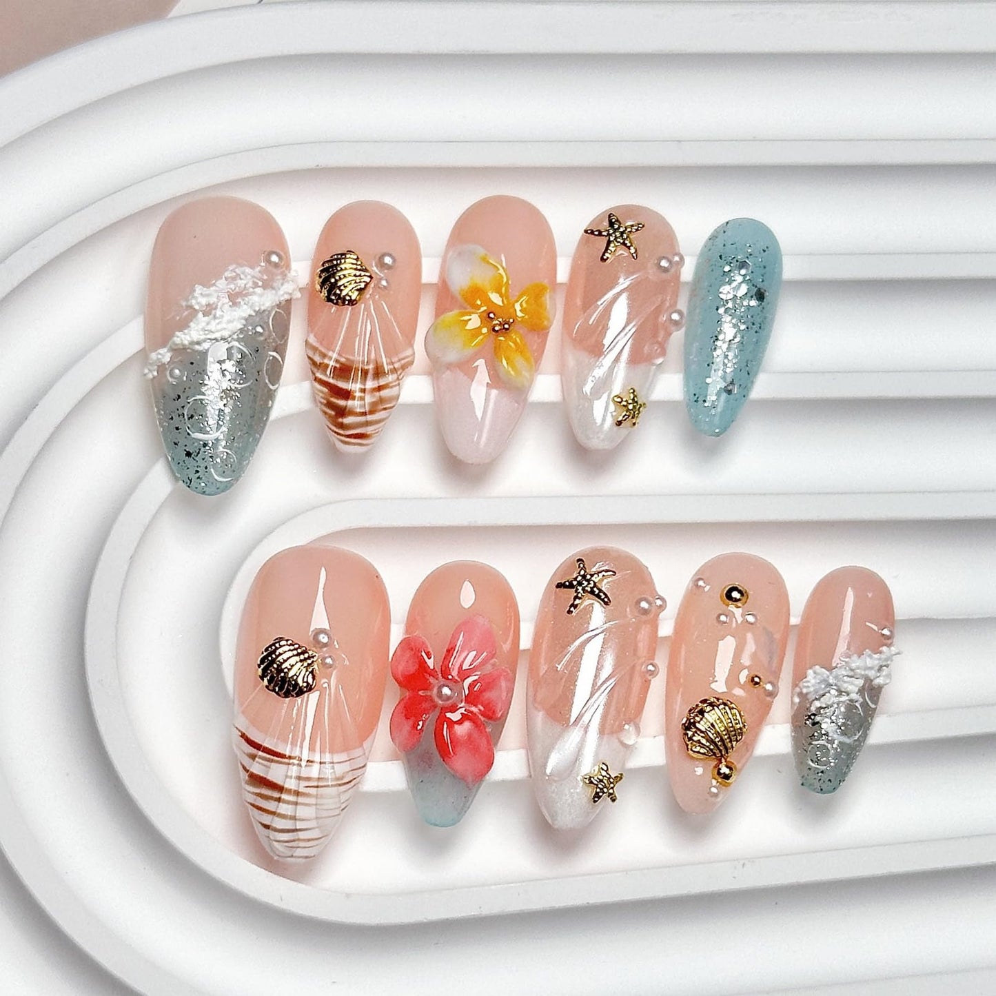 Luxury Press on Nails Medium Almond French Tip Handmade 3D Unique Reusable ABS Material Fake Nails Summer False Nails with Designs Plumeria Floral Art Petal Glossy Glue on Nails Thick Acrylic Nails(M)