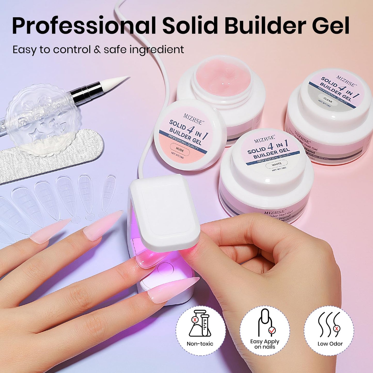 MIZHSE Solid Builder Gel Nail Kit with Nail Lamp, 3 Colors Builder Gel Clear Milky White Nude Hard Sculpting 3D Art U V LED Gels with Dual Form