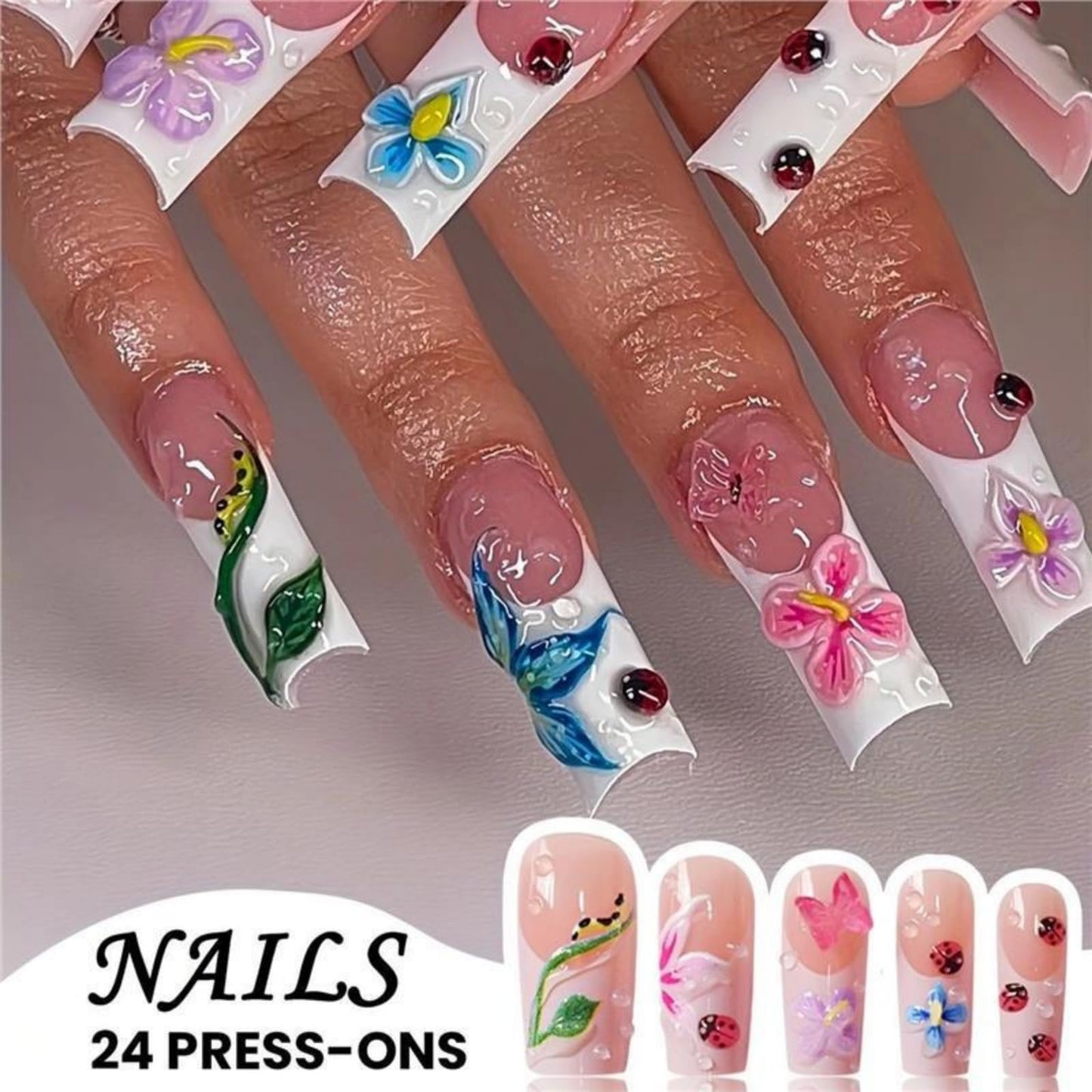 Square Press on Nails Long Fake Nails French Tip White Artificial Nail with 3D Flowers Designs Cute Pink Floral Stick on Nail for Women 24pcs