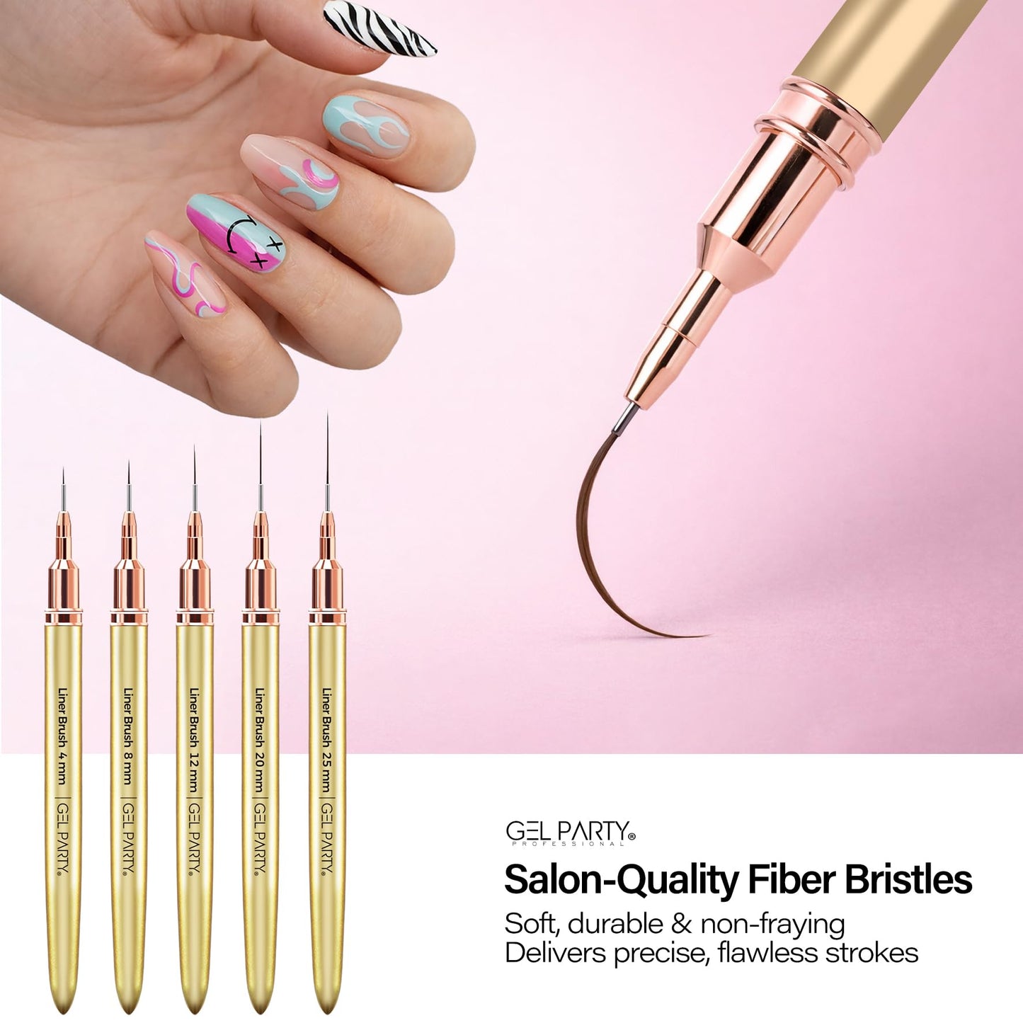 GELPARTY 7Pcs Gold Nail Art Brush Set - Professional Ultra-Fine Liner & Detail Brushes for Gel Polish & Acrylic Nails - Includes Agate Stone Palette & Brush Holder - Manicure Drawing Tool Kit
