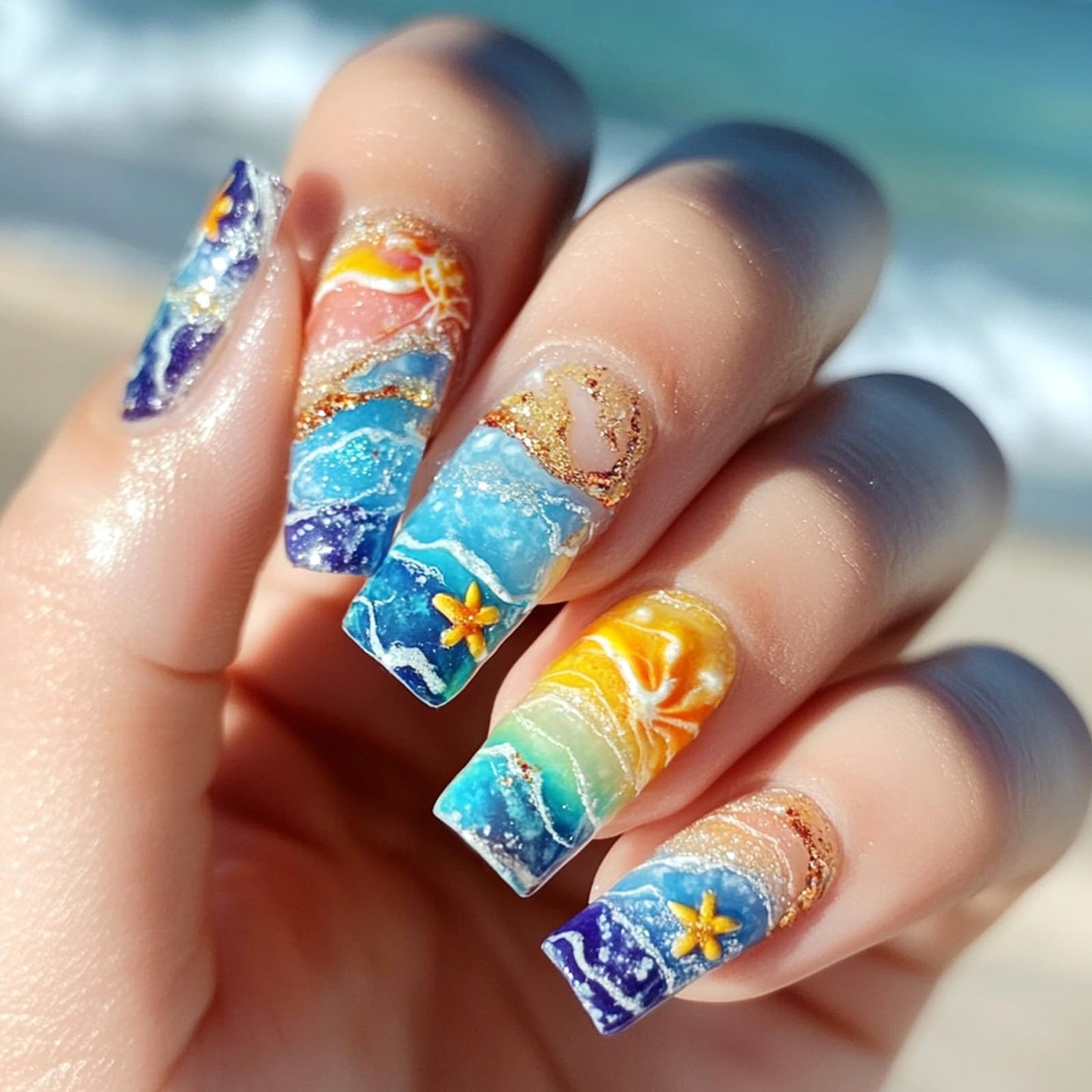 24Pcs Summer Press on Nails Short Square Fake Nails with Gradient Waves Design Golden Beach False Nails Glossy Glue on Nails Acrylic Nails Full Cover Stick on Nails for Women Manicure
