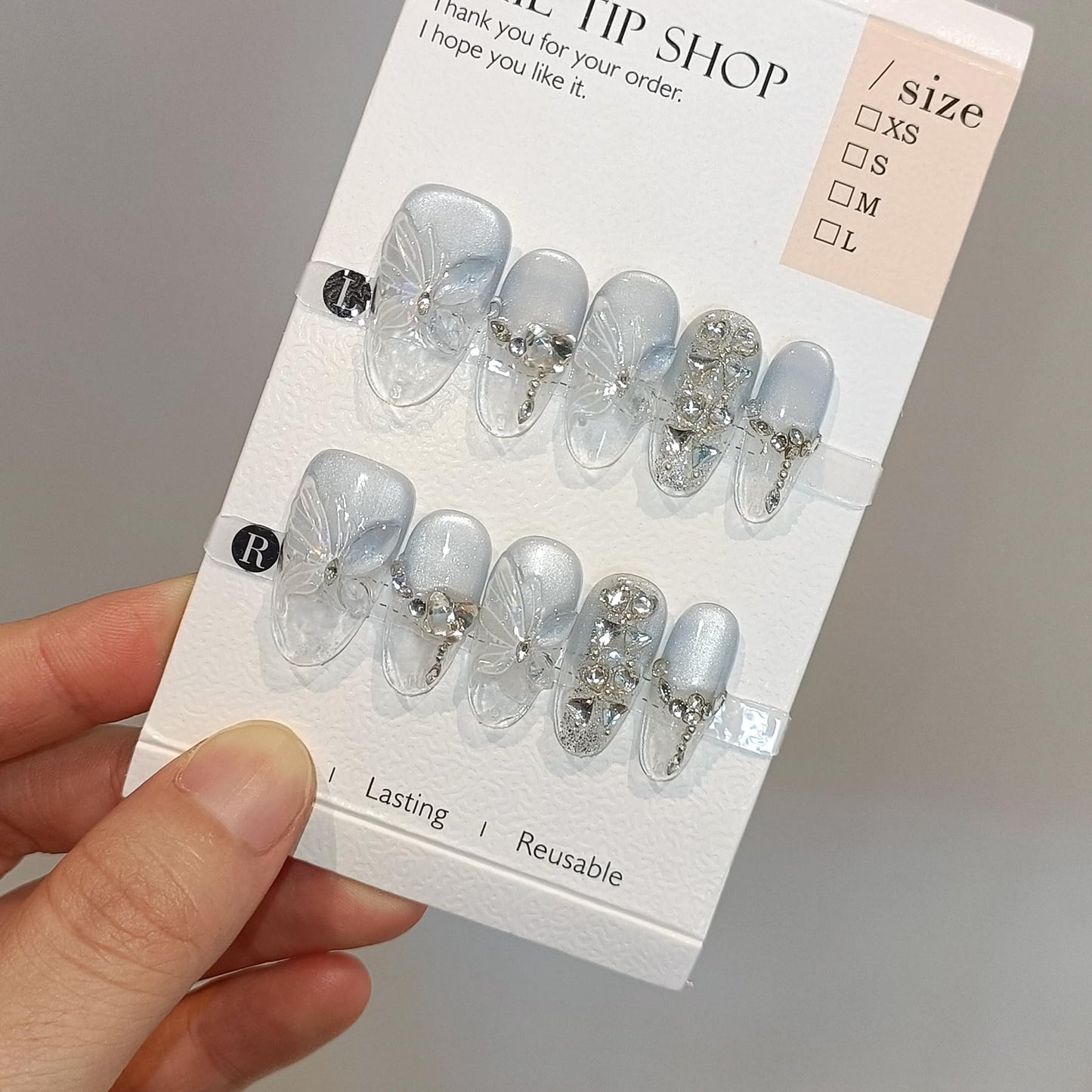 TENPAL Cat Eye Press on Nails 10Pcs Full Kit - Short Oval Icy Ocean Gradient False Nails, 3D Butterfly Rhinestone Spring Summer Fake Nails, Ethereal Glue on Nails for Girls Glitter Shimmer Design(S)
