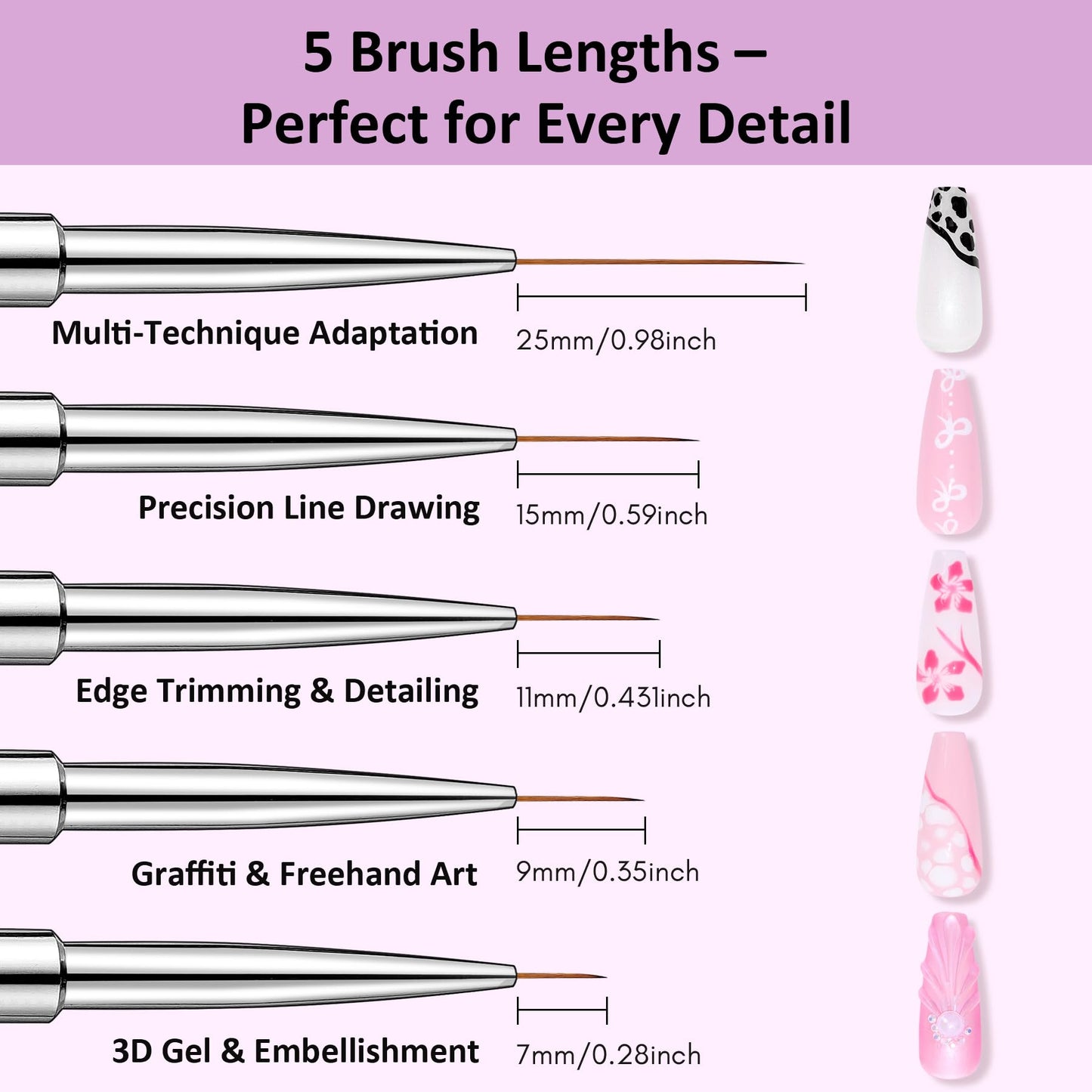 Makartt Nail Art Brushes Set: 5pcs Liner Brushes 7/9/11/15/25mm Thin Nail Art Design Brush with Cap Nail Polish Brush for Builder Gel 3D Nail Gel French Tip Tool Nail Painting