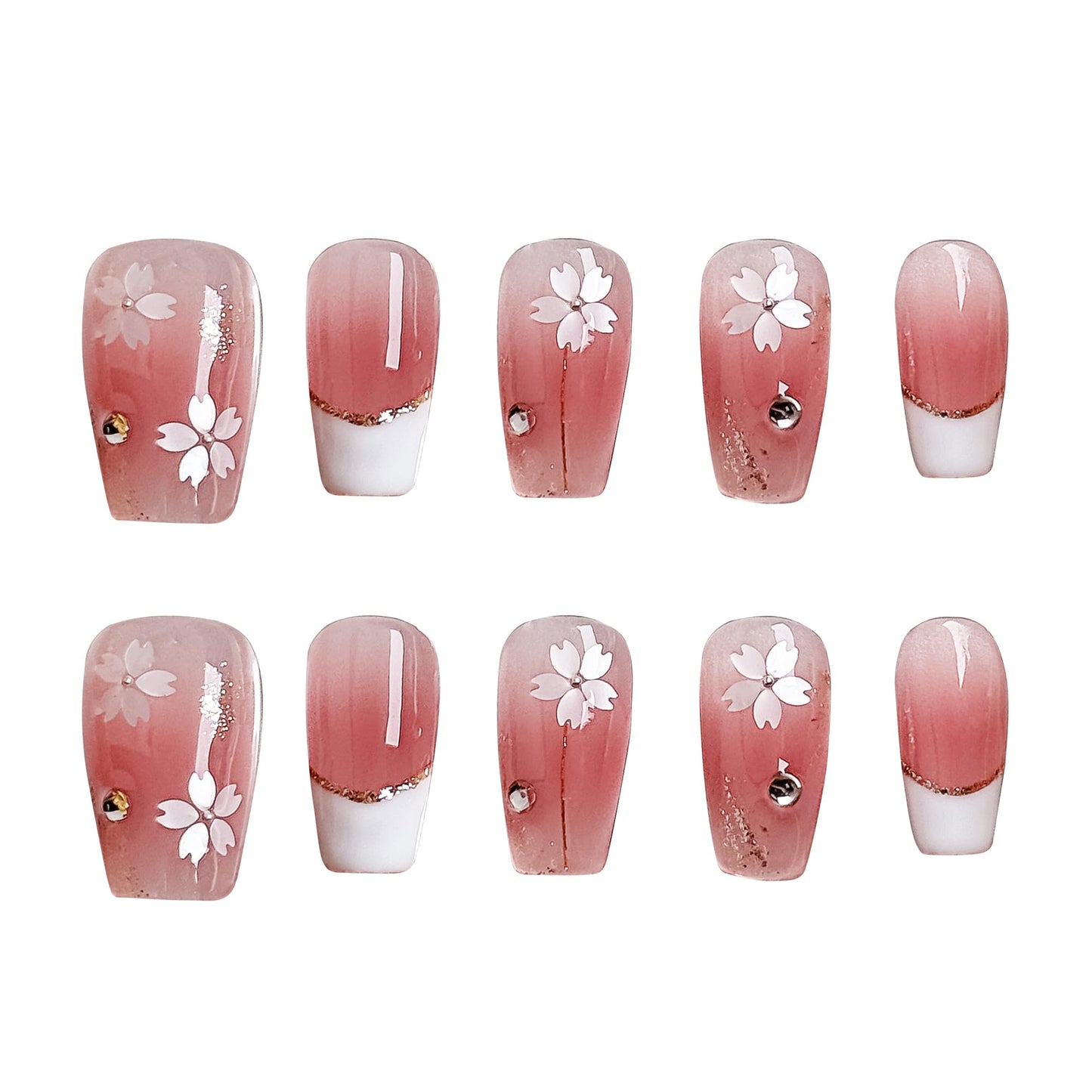 Veil Press On Nails 10pcs, Pink Cherry Blossom Gradient UV Gel/Acrylic False Nails, Elegant Floral French Tip Spring Blossom Nail Art for Women, Cute Pastel Flower Soft Glam Nail Set (Pink, XS)