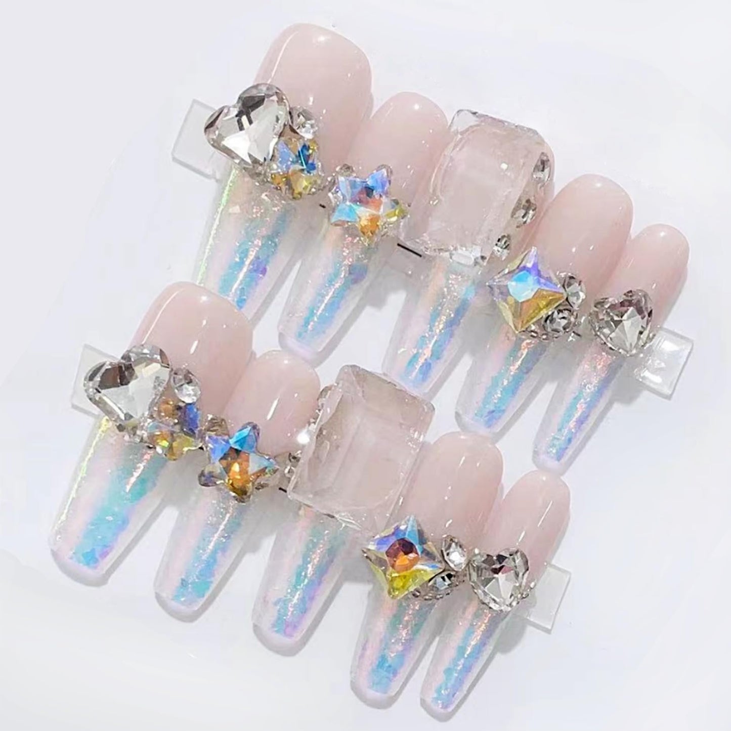 WOMHOPE Press on Nails Handmade Full Cover False Nails with Rhinestone Vintage Flower Aurora Acrylic Nails for Women and Girls 10pcs/Box Long Almond,Coffin (French polarization, Large)
