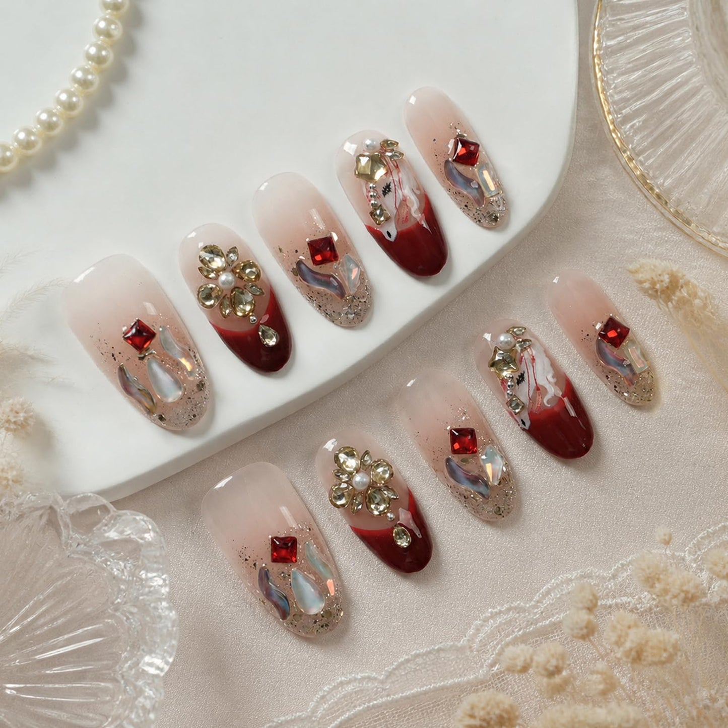 Tesytto Handmade Press on Nails Medium Almond, Luxury 3D Rhinestone Crystal Flower & Red Gem, Nude Burgundy Ombre Glitter Fake Nails with Pearl Aurora Shell Design (Crimson Crystal Butterfly Glow,S)