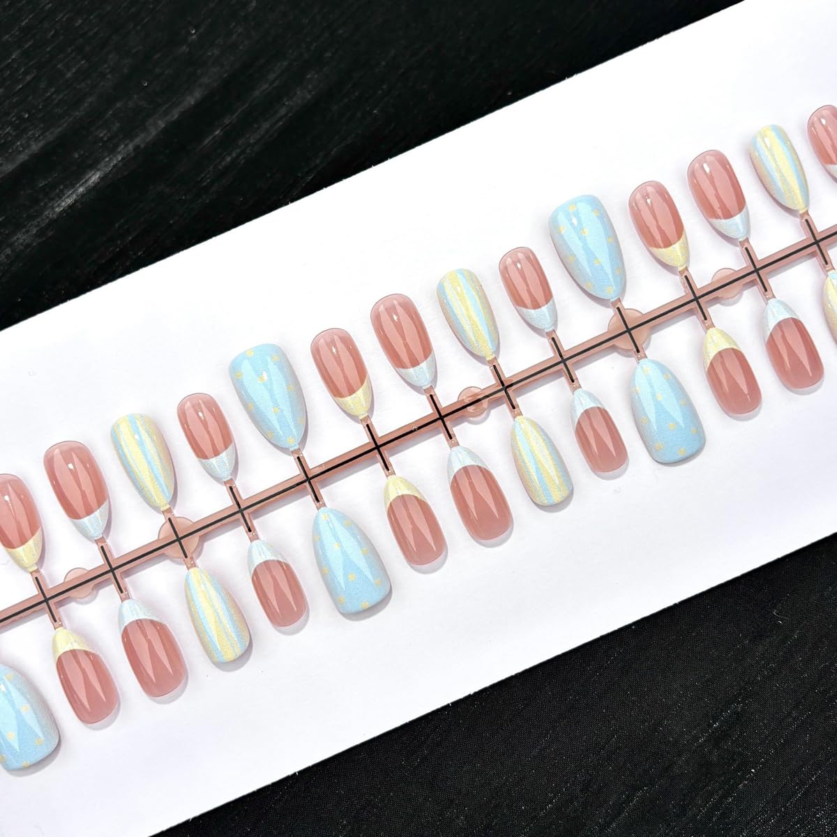 Short Almond Press On Nails - French Tip with Polka Dot & Striped Design, Light Blue Yellow Shades, 30Pcs - Cute, Reusable