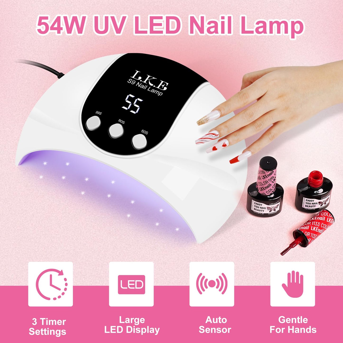 LKE UV Light for Gel Nails,54W UV LED Nail Lamp with 18 Beads 3 Timer Setting & Auto Sensor Nail Dryer for Gel Polish Polygel Fast Curing Manicure Professional Nail Dryer Home Salon Nail Tools