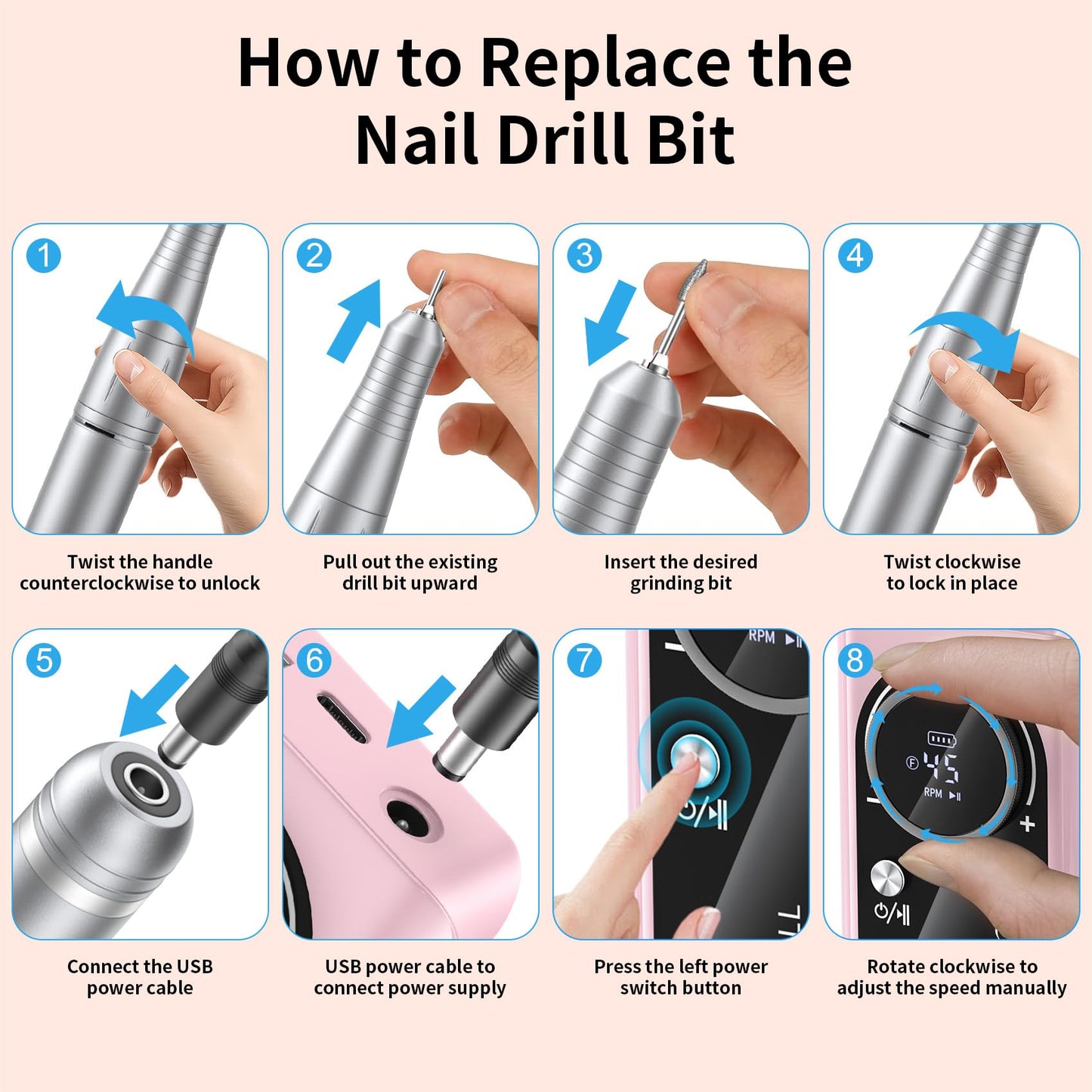 Electric Nail Drill Machine 45,000RPM - Professional Electric and Rechargeable Nail Drill with LCD Display, 6 Bits and 30 Sanding Bands, Low Heat Quiet E-File for Acrylic Gel Nails V9-3