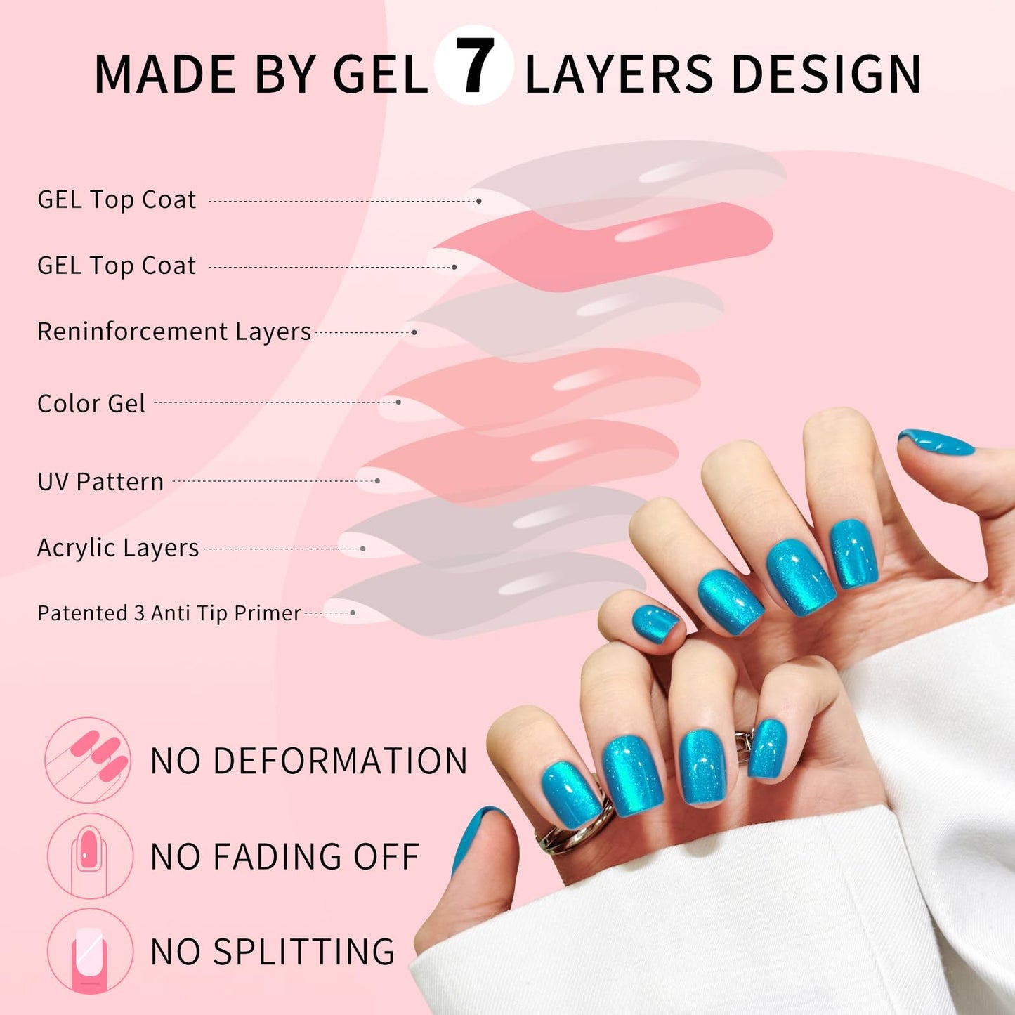 Lake Blue Cat Eyes Press On Nails,12 Sizes - 24 Pcs Soft Gel Blue Short Squoval Fake Nails Kit with Nail Glue, Natural Reusable Stick On False Nails for Women and Girls SK1062