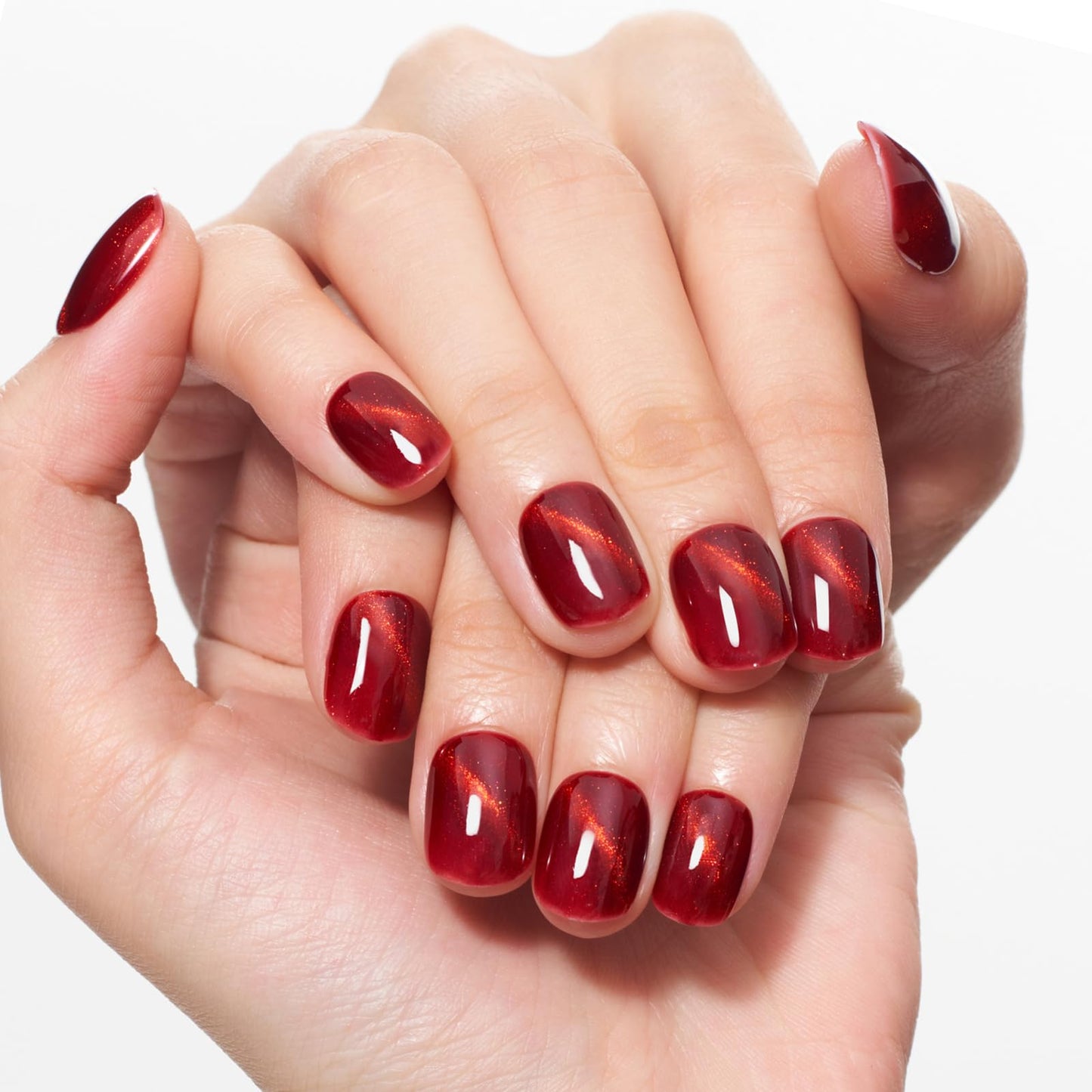 GLAMERMAID Red Cat Eyes Extra Short Press on Nails, Cherry Dark Red Handmade Soft Gel Fake Nails Short Squoval, Natural Burgundy Square Jelly Glue on Nails, Acrylic False Nails, Glossy Round Fake Nail