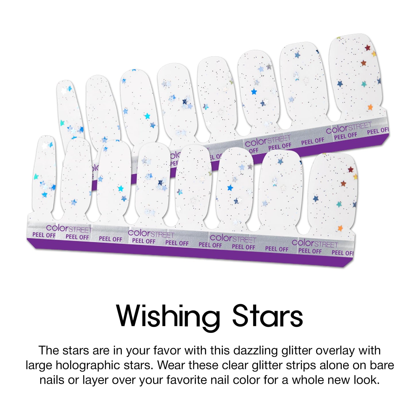 Color Street Wishing Stars Glitter Nail Strips - Holographic Star Overlay - Clear Glitter Finish - Layer Over Nail Color or Wear Alone - 16 Double-Ended Nail Strips - Easy Peel & Stick No Drying Time