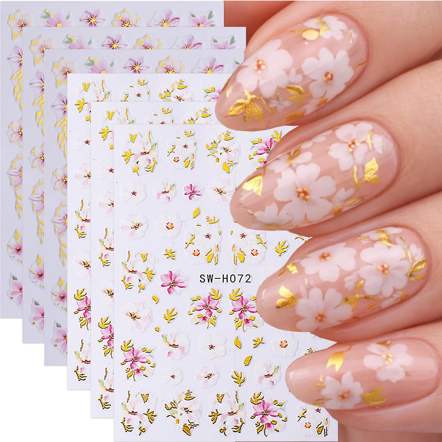 Cherry Blossoms Nail Art Sticker Decal 6Pcs 3D Elegant Self-Adhesive Nail Stickers Gold Leaves Nail Decal Pink Floral Nail Supply Spring Summer Flower Nails Design for Women Manicure DIY Decoration