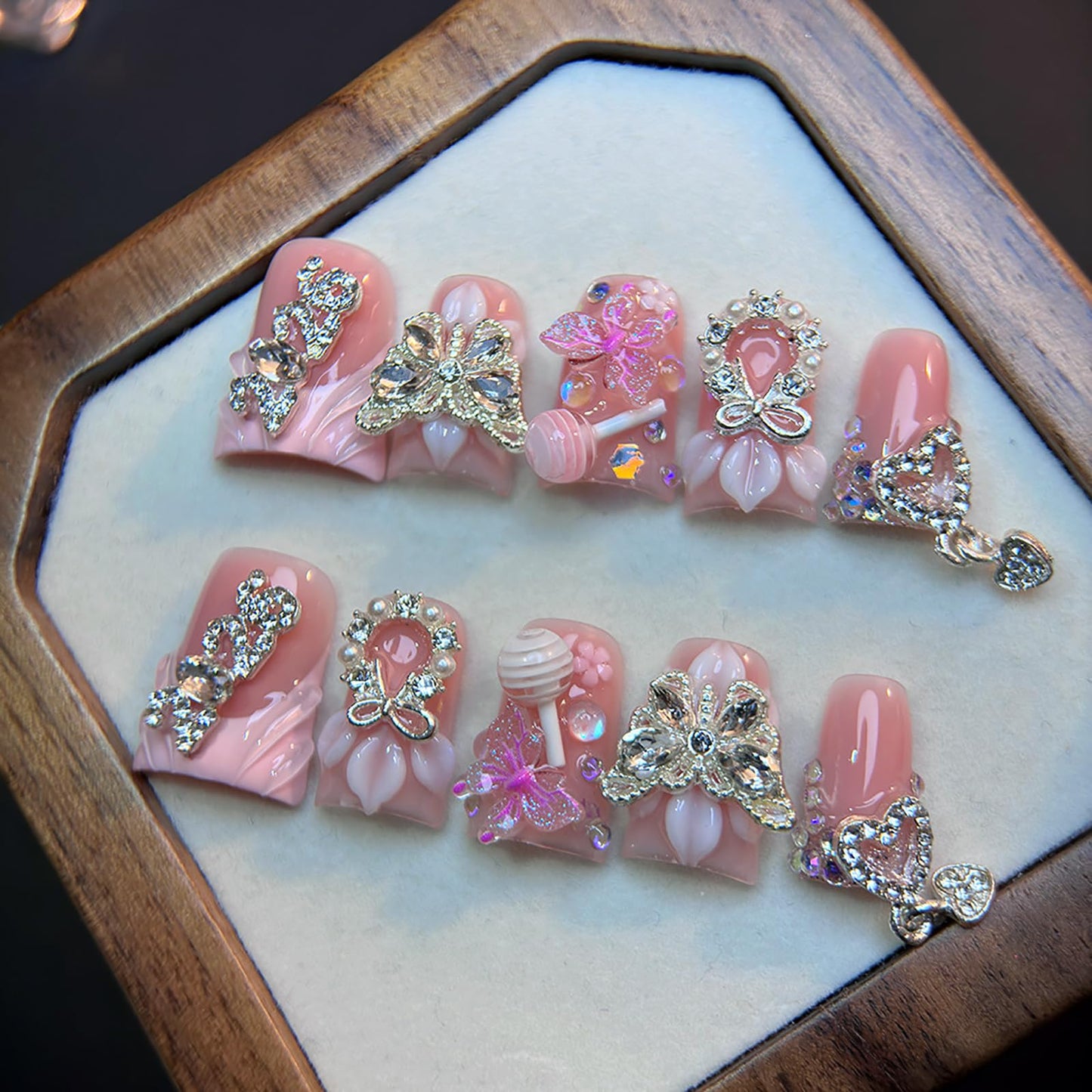 10Pcs Pink Duck Press on Nails Handmade Fake Nails Reusable False Nail with 3D Butterfly Flower Rhinestone Design Acrylic Duck Nails Press ons Cute French Tip Artificial Stick on Nails for Women (M)