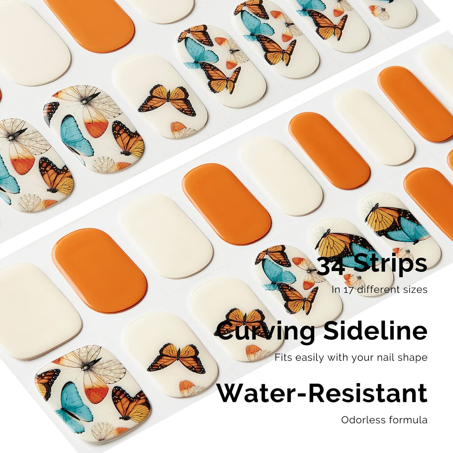 NAILOG Semi Cured Gel Nail Strips, 34 pcs Salon-Quality Gel Nail Stickers, Long Lasting Nail Wraps for Women with Soft Gel Finish | Butterflies