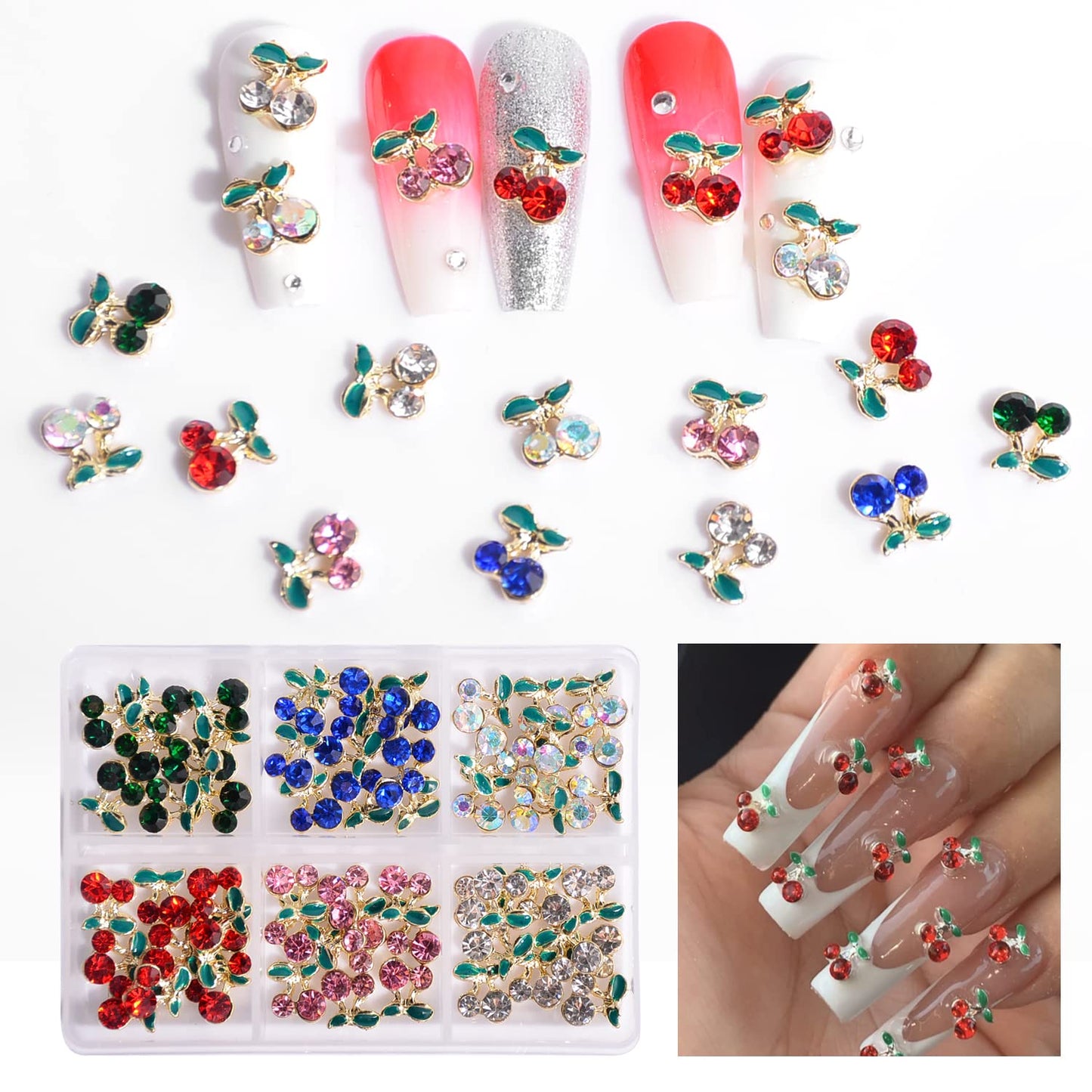 Nail Art Rhinestones Gold 3D Cherry Nail Charms, 60Pcs Cherry Crystal Diamond Fruit Charm for Nails Design Metal Alloy Rhinestone Jewelry DIY Crafts Supply(6 Colors,Cherrys)