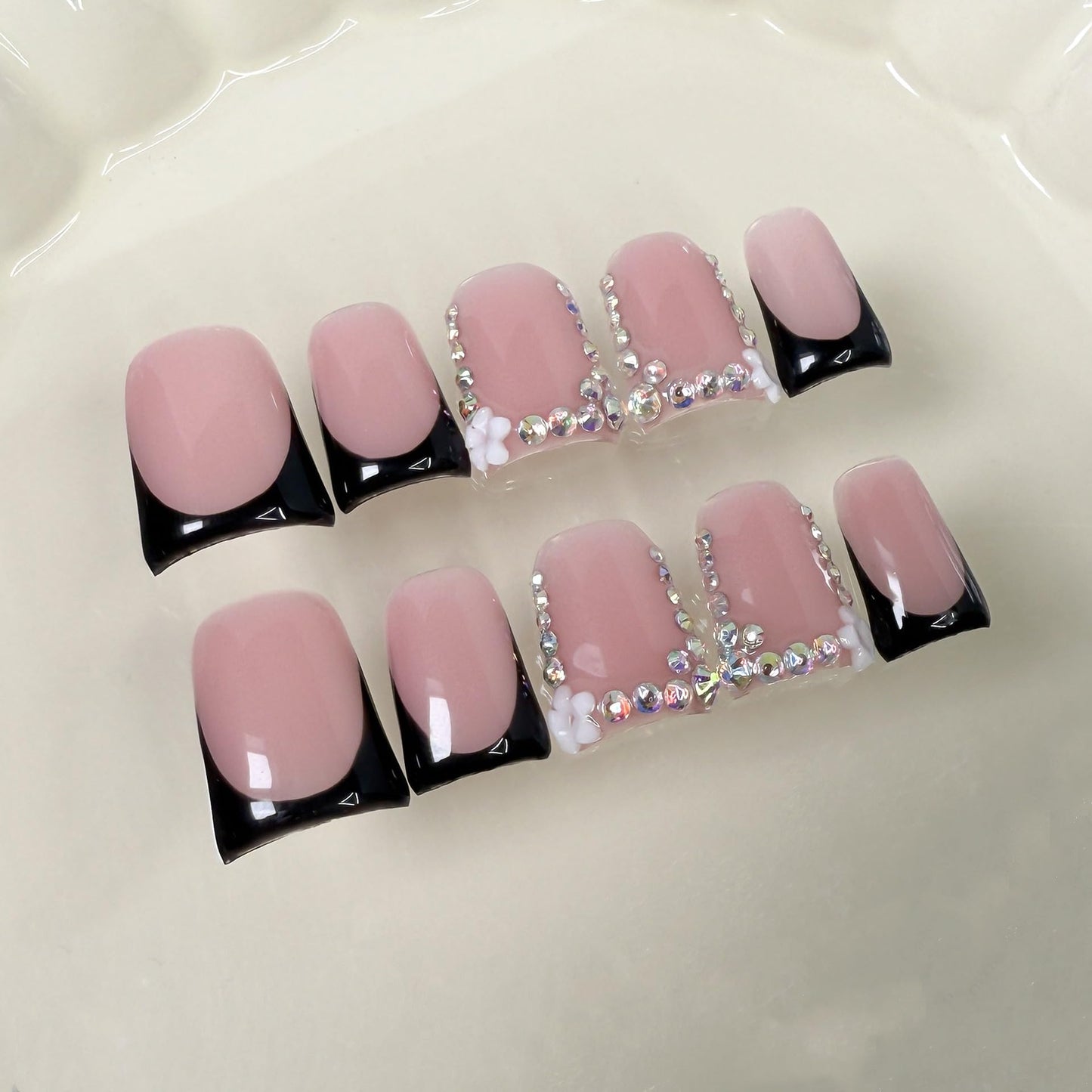 Handmade Press on Nails Muti-Layer Gel Acrylic Nail Short Duck Black French Tip Fake Nails Flower & Rhinestones Designs Luxury Handmade False Nail Art Full Cover Thickened Stick on Nails for Women (M)