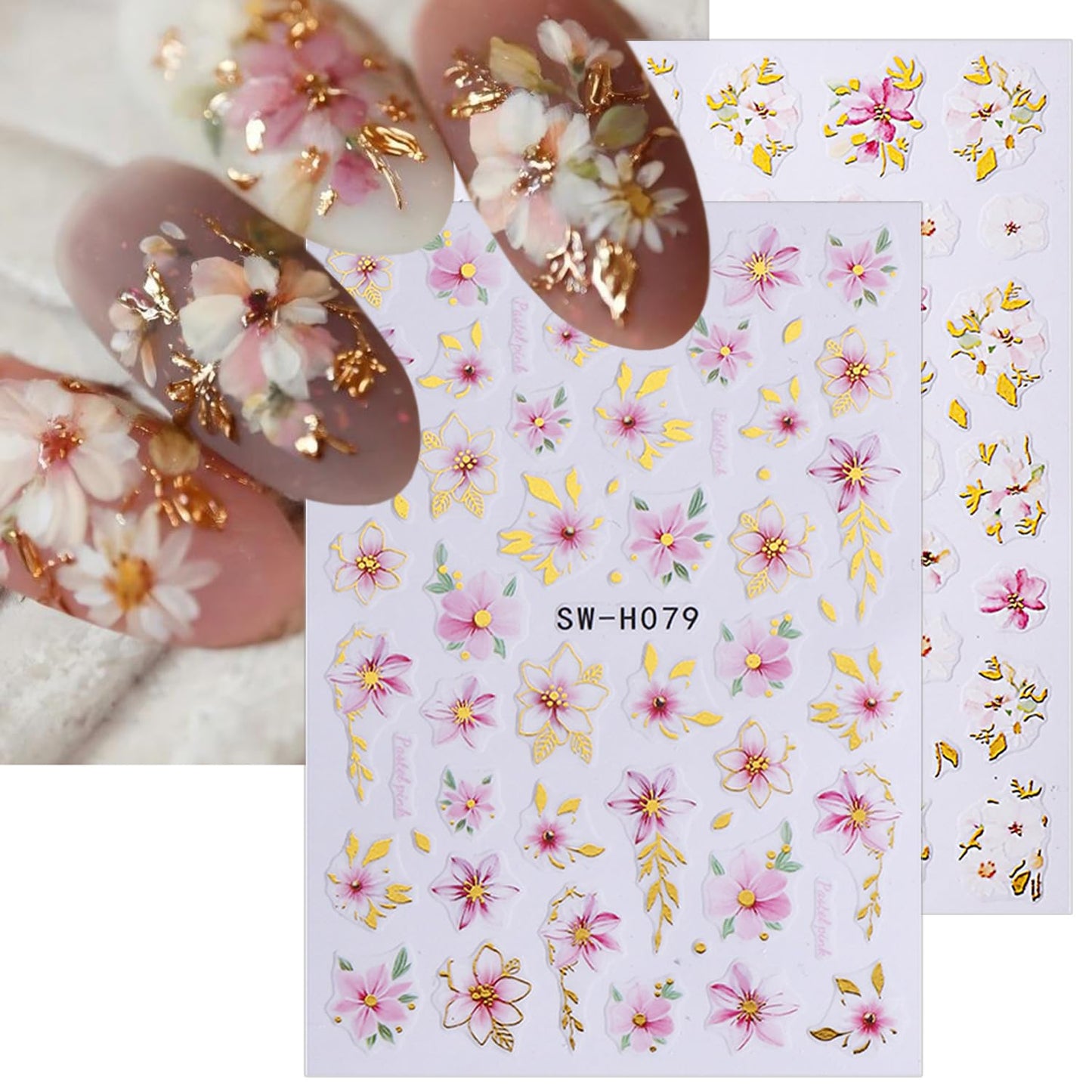 Cherry Blossoms Nail Art Sticker Decal 6Pcs 3D Elegant Self-Adhesive Nail Stickers Gold Leaves Nail Decal Pink Floral Nail Supply Spring Summer Flower Nails Design for Women Manicure DIY Decoration
