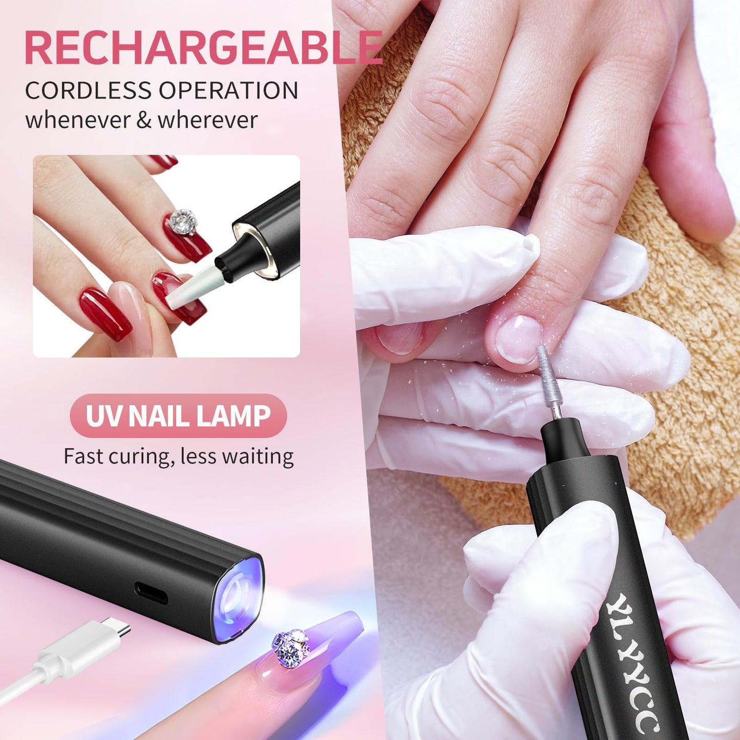 Cordless Nail Drill Electric File with UV Nail Lamp:Professional for Acrylic Gel Dip Powder Nails Portable Nail Drill Machine Kit for Manicure Pedicure Nail Set Rechargeable Lightweight (Black)