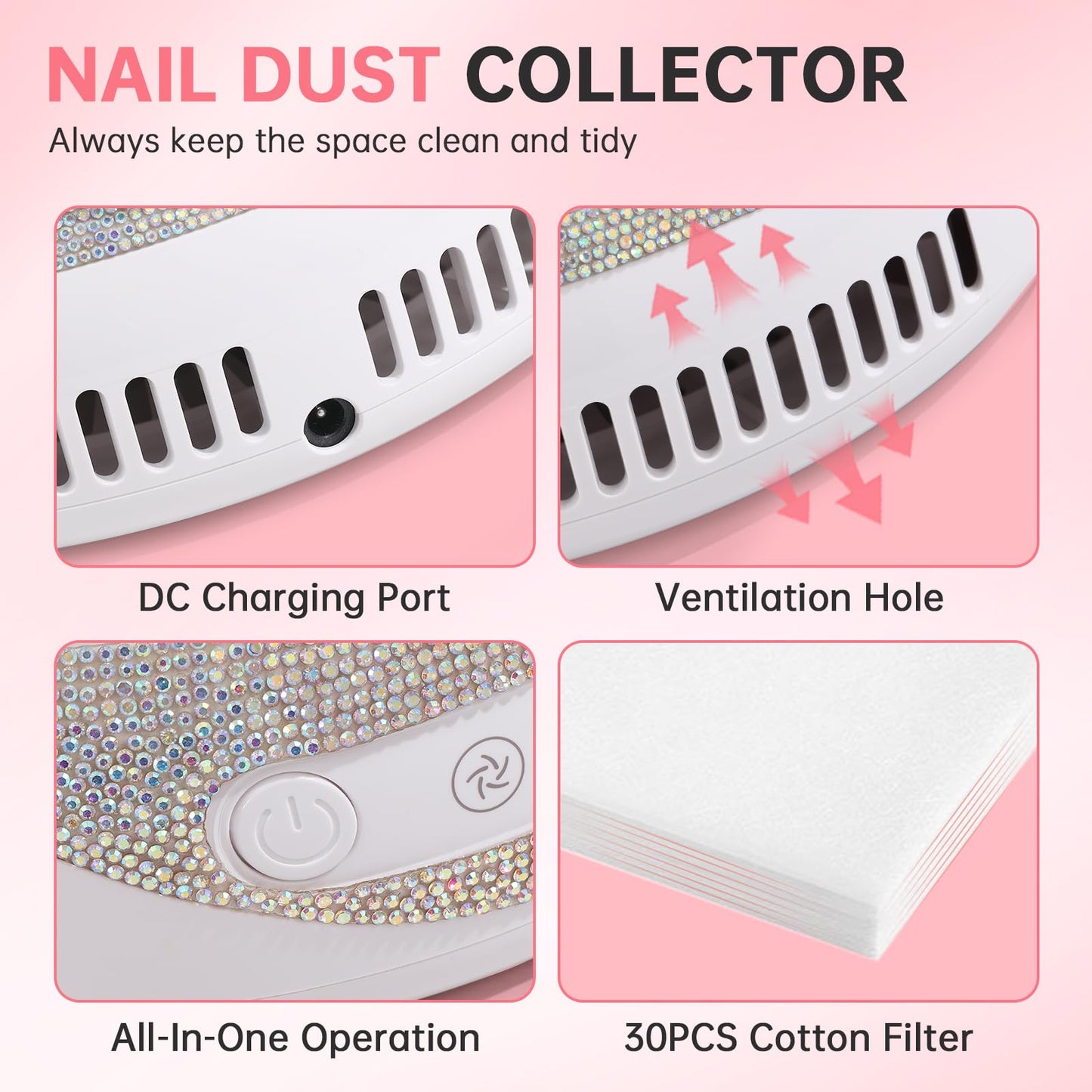 CHRISTINE SHELLY Nail Dust Collector, Cordless Dust Collector Nail Tech, Powerful Vacuum Fan Vent Dust Collector Extractor Dust Suction Machine for Acrylic Nails Polishing, Low Noise, Nail Salon&Home