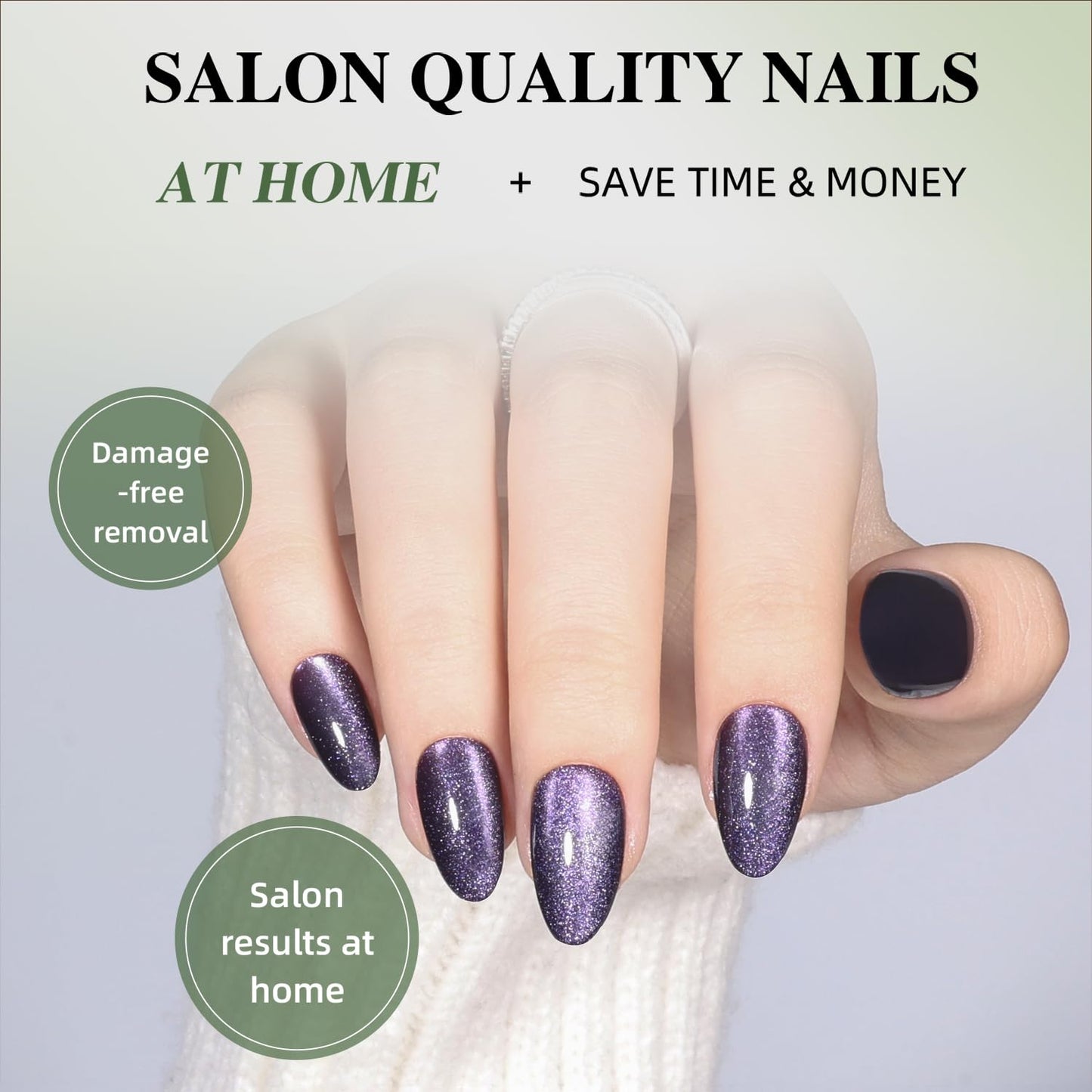 Purple Cat Eye Press On Nails Almond - Purple Short Almond Fake Nails, Short Cateye Press On Nails Reusable Stick On Nails in 16 Sizes, 32pcs False Nail Kit for Women & Girls(Violet Nocturne)