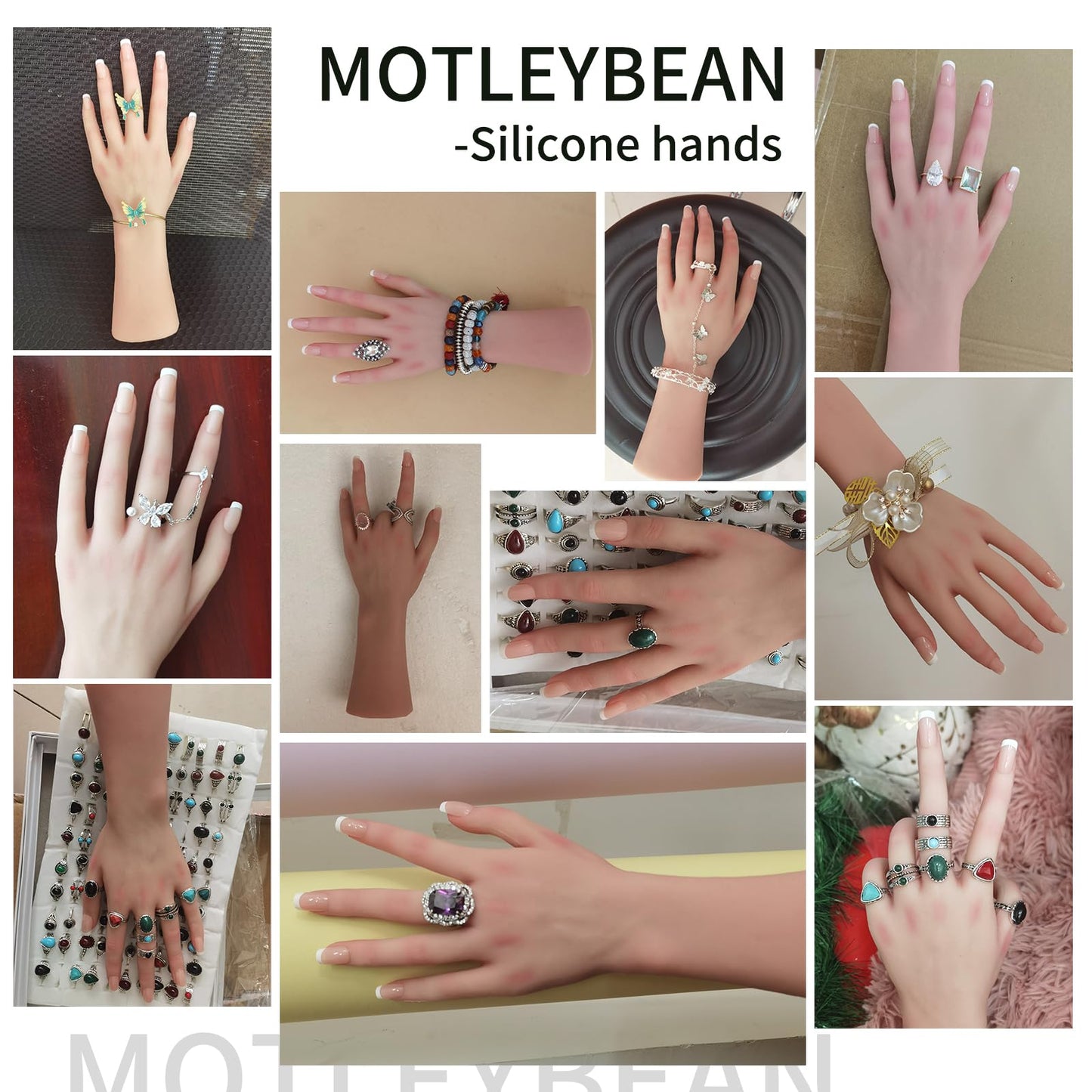 MOTLEYBEAN Realistic Silicone Female Hand Life Size Female Model Hand for Showing Jewelry Pranksters Halloween Props Photography Props（Brown,Left Hand-Without Skeleton）