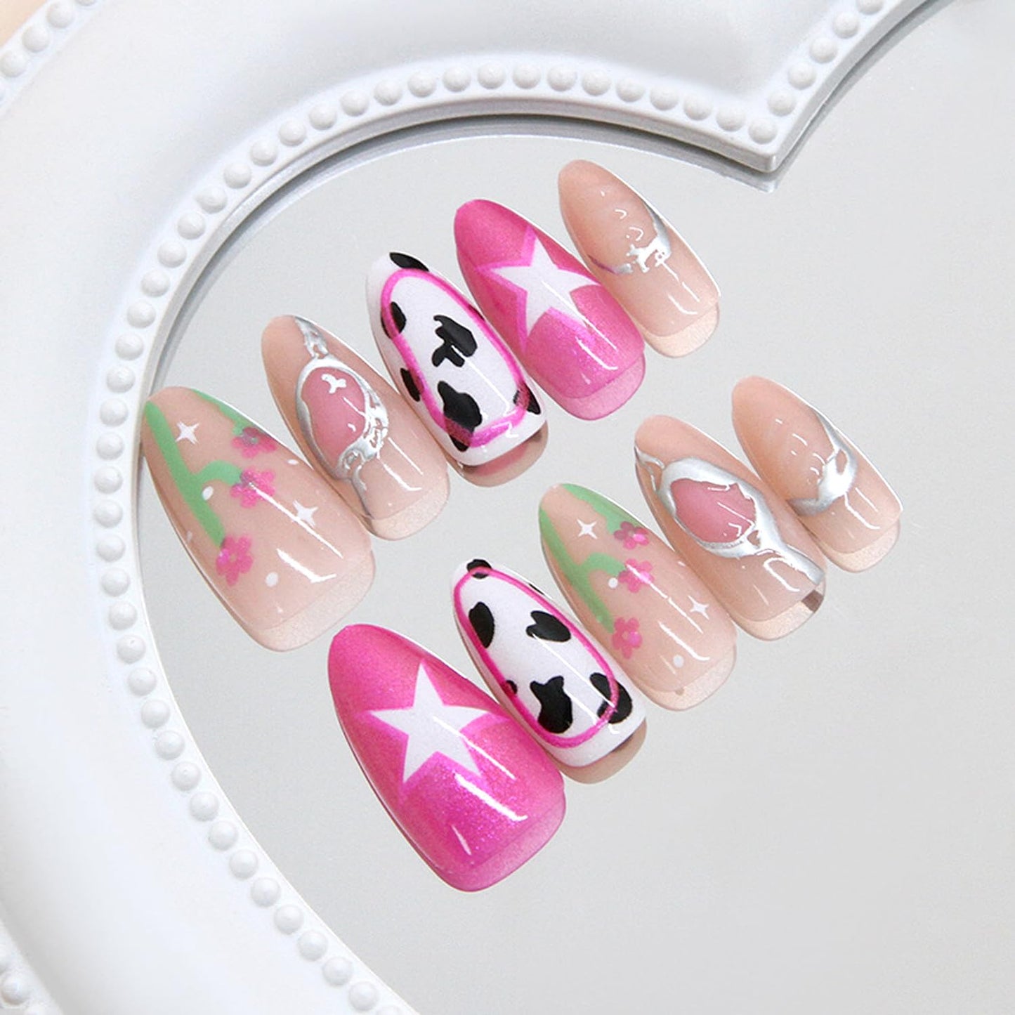 30Pcs 3D Chrome Silver Press on Nails Medium Almond Fake Nails Pink Magnetic Shimmer Designs False Nails Cow Print Artificial Nails Nude Glossy Full Cover Star Flower Acrylic Stick on Nail for Women