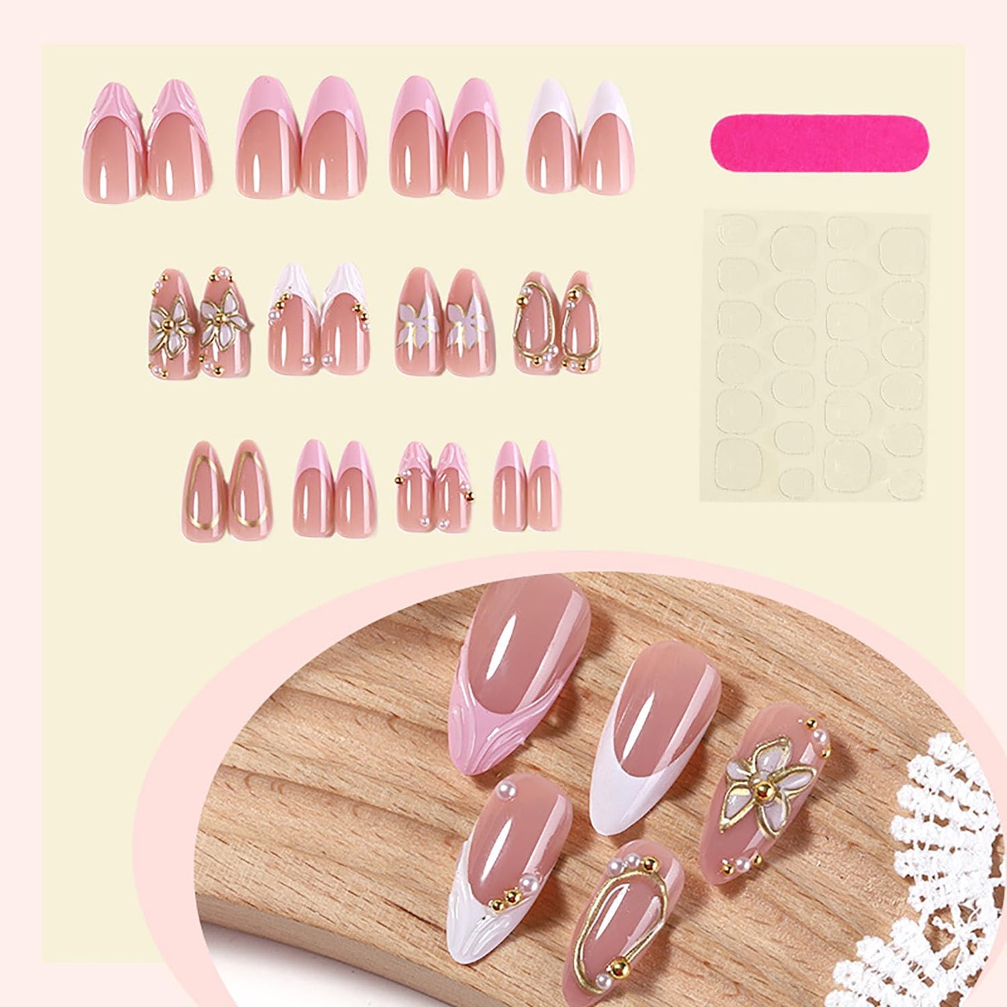Flower Press On Nails Medium Almond Spring Fake Nails With 3D Flower Pearls Design French Nail Press Ons Gold Hollow-Out Pink Stick On Nails Glossy Summer Acrylic Glue On Nails For Women 24Pcs