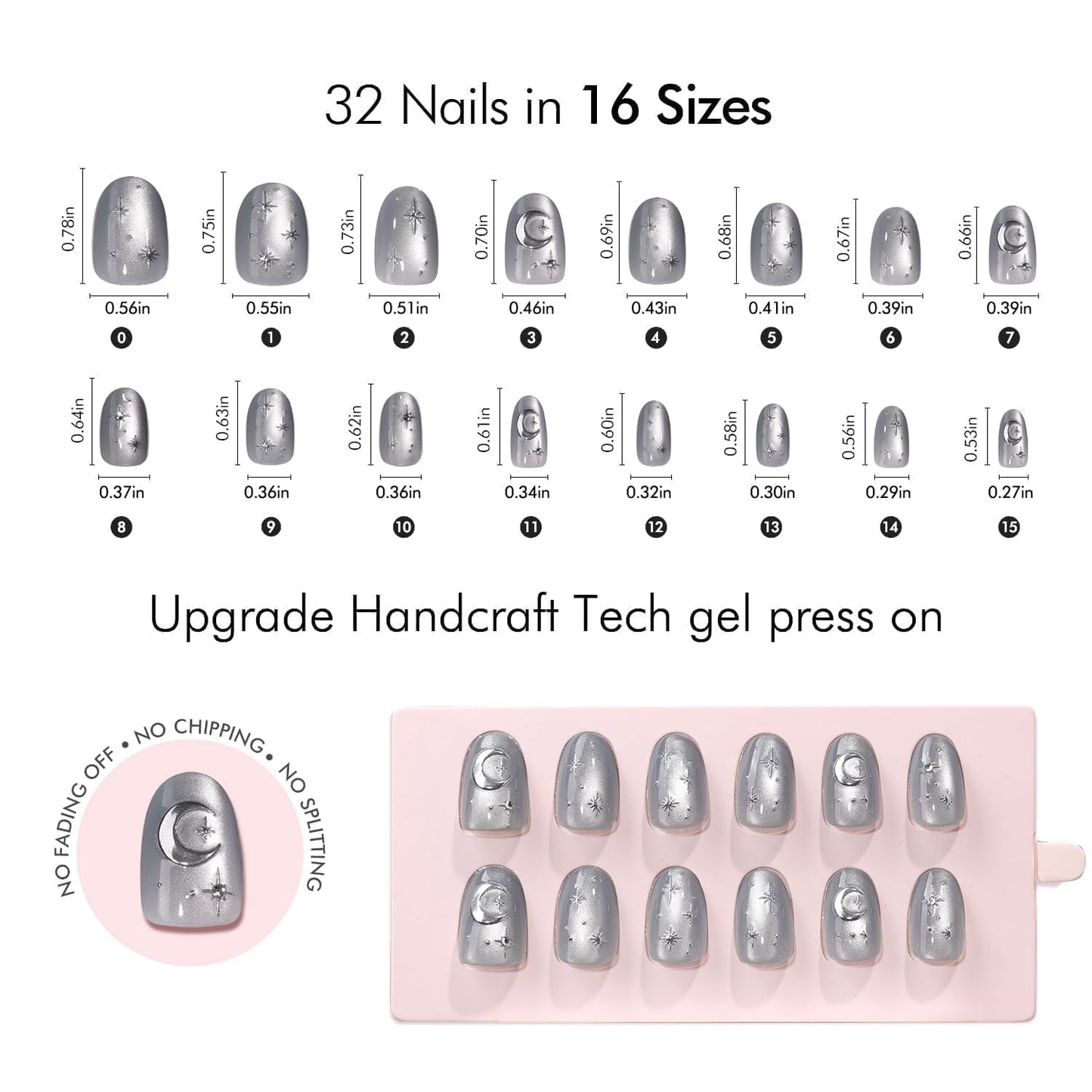 VSALON Oval Short Press on Nails, Silver Gray Star & Moon Summer Celestial Cat Eye Glossy 3D Art False Nails, Reusable Salon Quality Fake Nails Kit-32 PCS Nails in 16 Sizes with Glue & Cuticle Oil