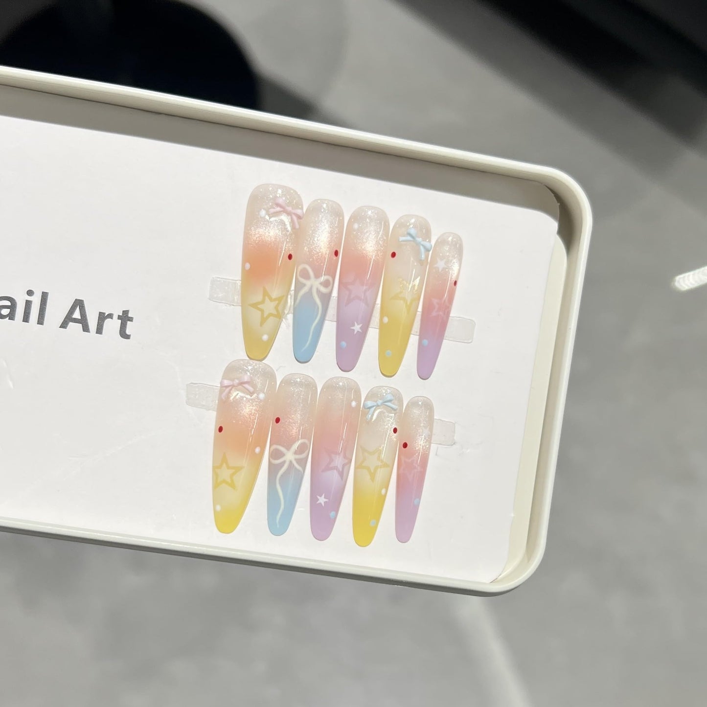 Dreamy Pastel Ombre Press On Nails, Star & Bow Embellished Extra Long Stiletto Fake Nails, Reusable Manicure Set (S)