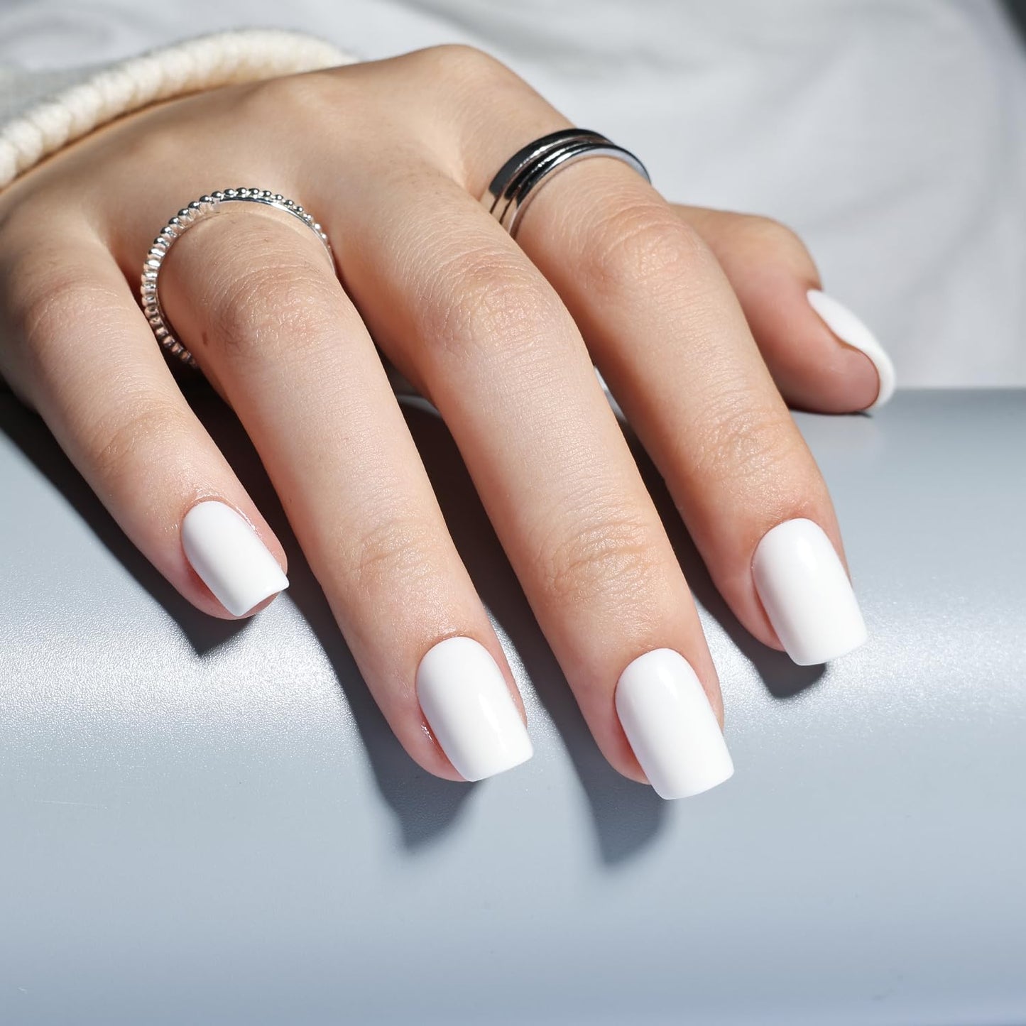 Leefrei White Press on Nails - Short Square Press on Nails, Milky Nails Press Ons for Women DIY Fake Nails Kit with Glue, Glossy Reusable Glue on Nail Short in 15 Sizes - 30pcs, Milky White