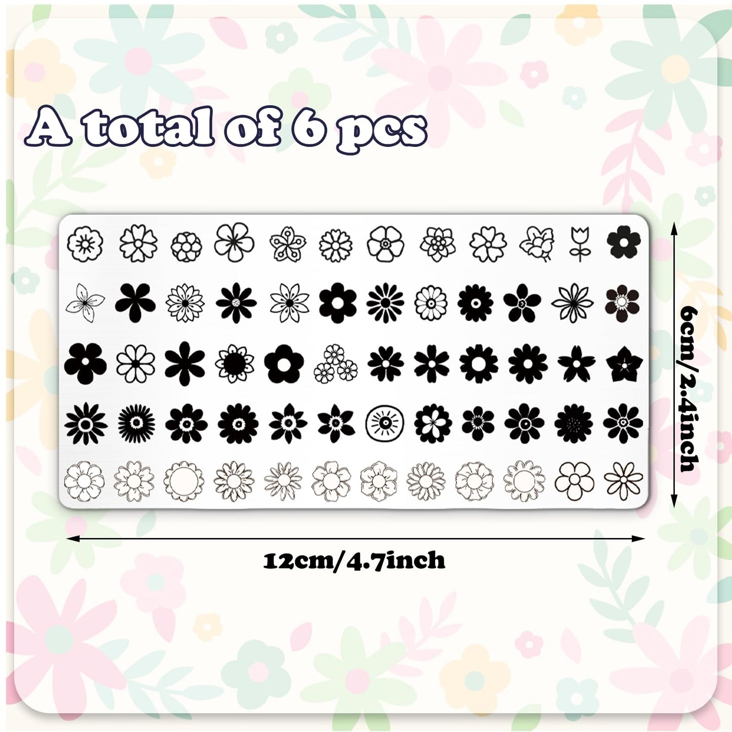Whaline 6 Pcs Simple Floral Nail Plates Stamping Set Flower Leaves Stamp Templates Nail Art Plates for DIY Print Manicure Salon Design Gift