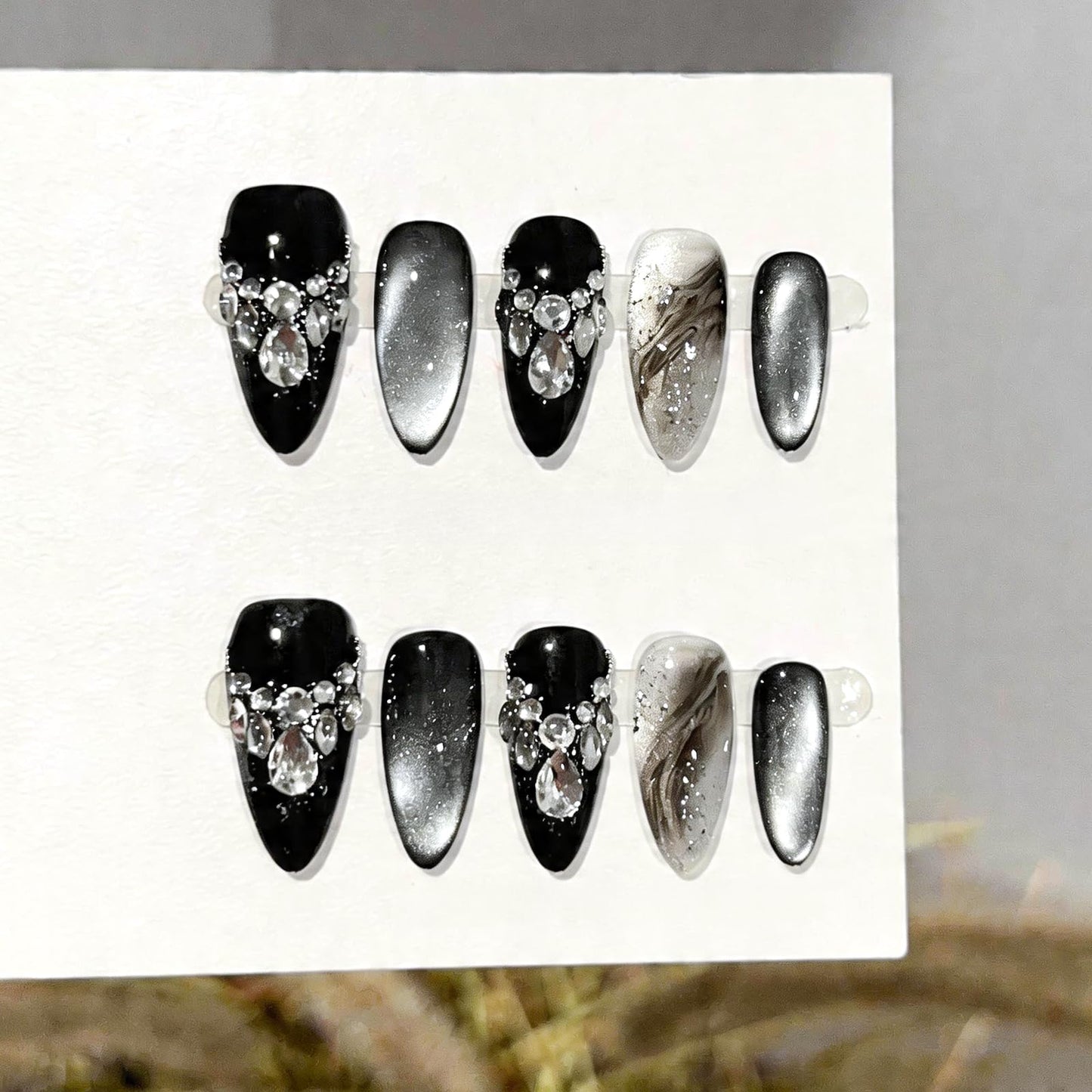 SILPECWEE 10PCS Almond Press On Nails, Black Cat Eye Fake Nails Crystal Rhinestone Nail Charms Medium Handmade Acrylic Press On Nails for Women Gel Flase Nails Manicure Supplies