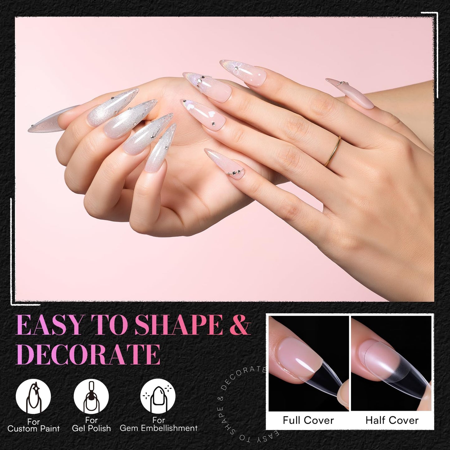 Makartt Medium Sharp Almond Nail Tips: Hybrid Almondetto Shape, 15 Sizes Clear Full Cover Fake Nails Extension, 504PCS Half Matte Soft Gel Tips for DIY Nail Lovers, Press-on Creators, Salon Supplies