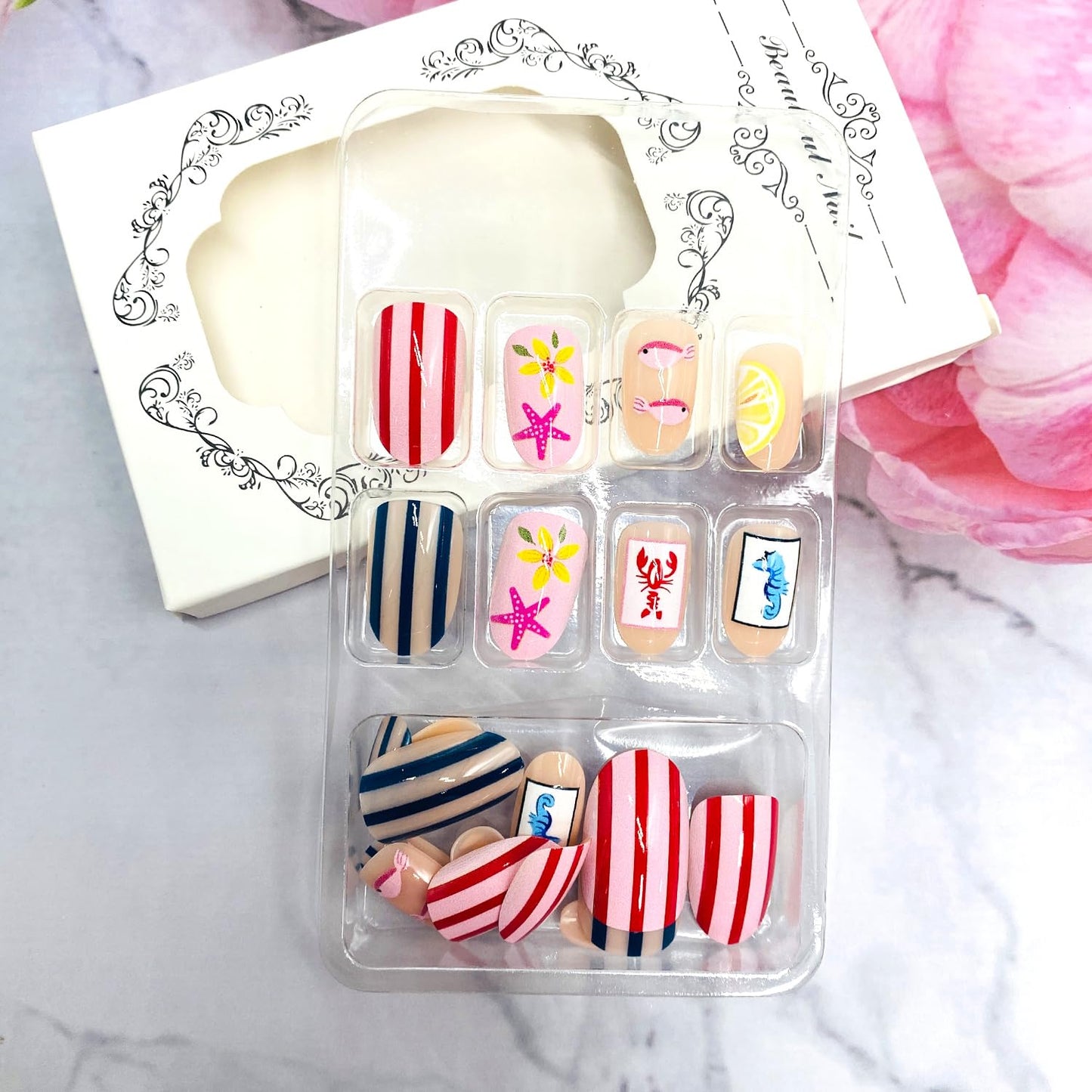 Flowers Press on Nails Flowers Medium Almond False Nails with Starfish Stripe Fish Seahorse Design Full Cover Glue on Nail Summer Ocean Reusable Acrylic Fake Nails Artificial Stick on Nail for Women
