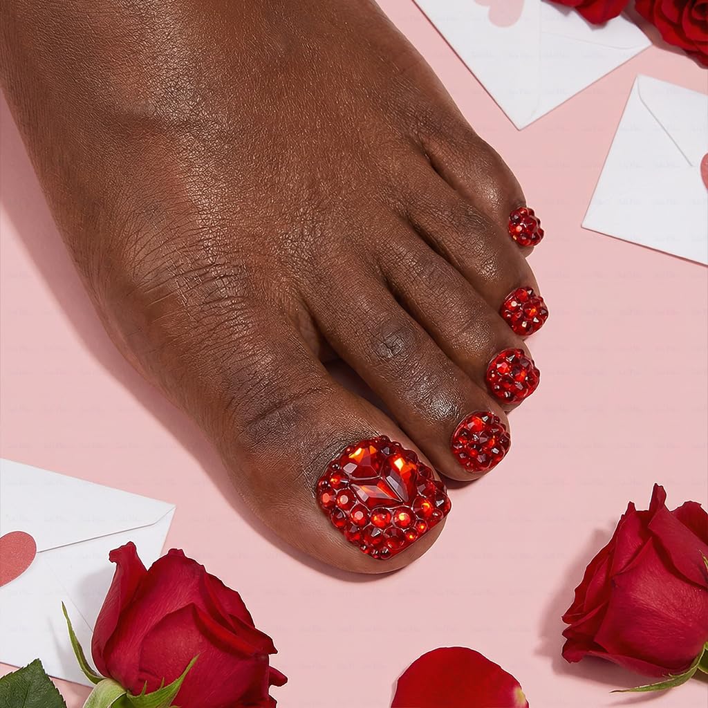 IntoVibes 10 Pieces Handmade Luxury Press On Toenails With Rde Bling Rhinestones, Full Cover, Press On Nails Stick On Toe Nails For Women Manicure, Acrylic Fake Toe Nails (M)