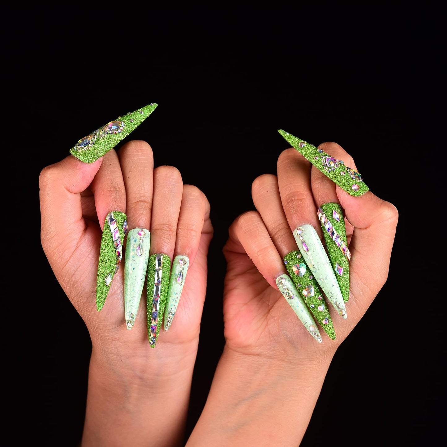 Tmani 10pc/set Extra Long Handmade Press On Nail Hot Girl's Long Ballet Nails Pointed Nail Full of Diamond Glitter Decoration Fake Nails Suitable For Girls Festival Parties and Birthday Gift（206,S)