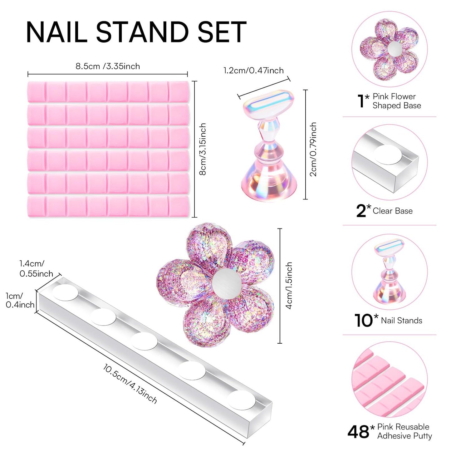 Makartt Holo Nail Stand for Press-On Nails DIY, Magnetic Holder, 1 Flower & 2 Long Bases, 10 Nail Stands for Gel Curing, Beginners Practice, Nail Tech & Creators Display Nails, Clear Pink, 48 Putty