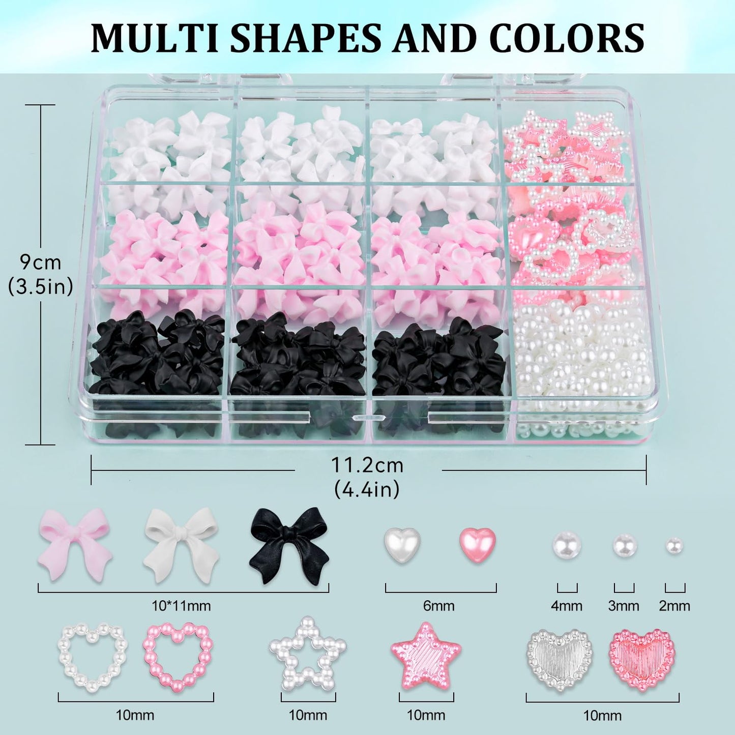 600 Pcs 3D Cute Nail Charms and Flatback Pearls Set 3, Pink&White&Black Nail Bows + Pink&White Star Heart Cute Nail Jewels + 2-4mm White Nail Pearls for Nail Art DIY Decoration with Pickup Tools