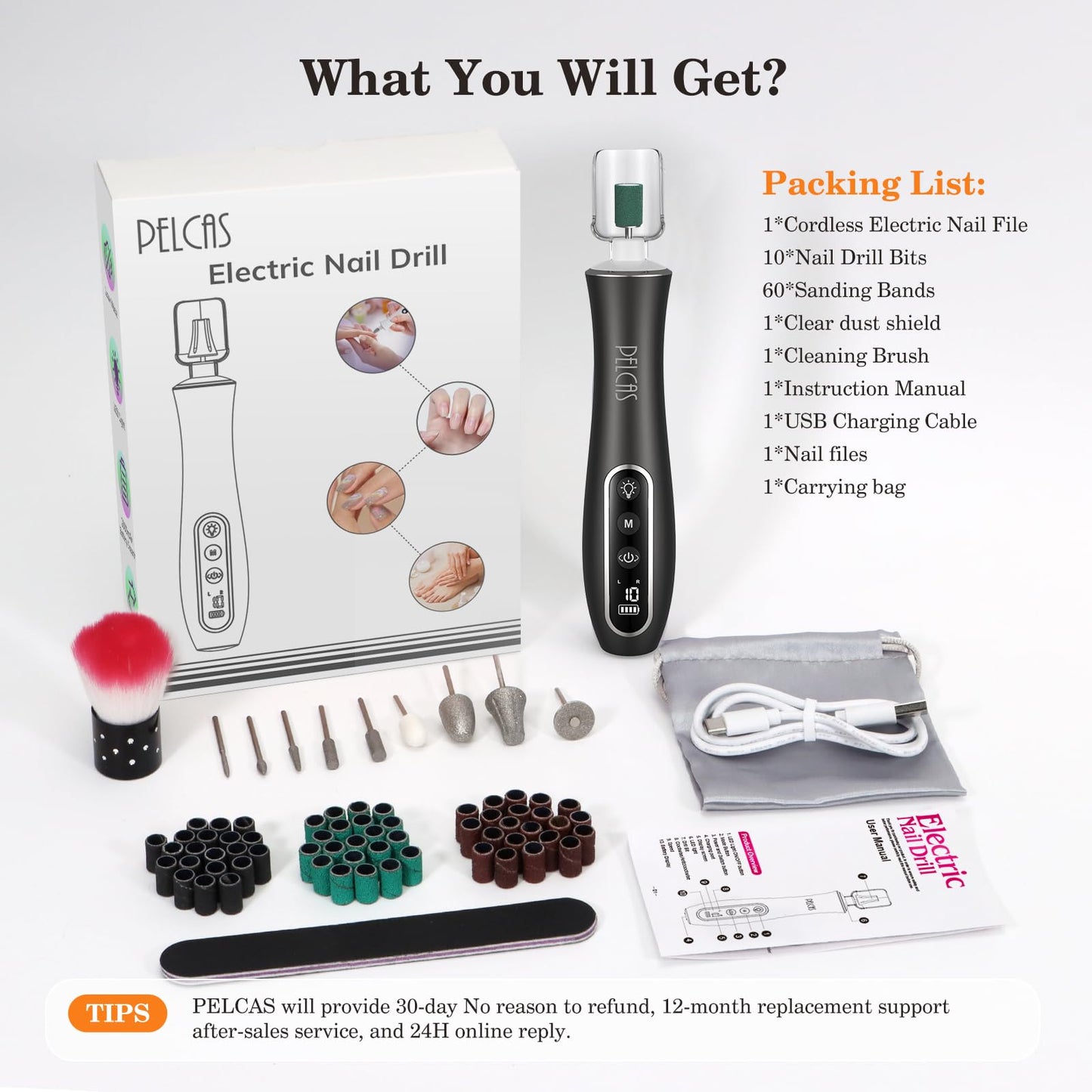 PELCAS Electric Nail Drills, Professional Cordless Nail File Kit with Light, 10 Speeds Manicure & Pedicure Kit for Human, Pet, Thick Toenails, Natural & Acrylic Nails Grey
