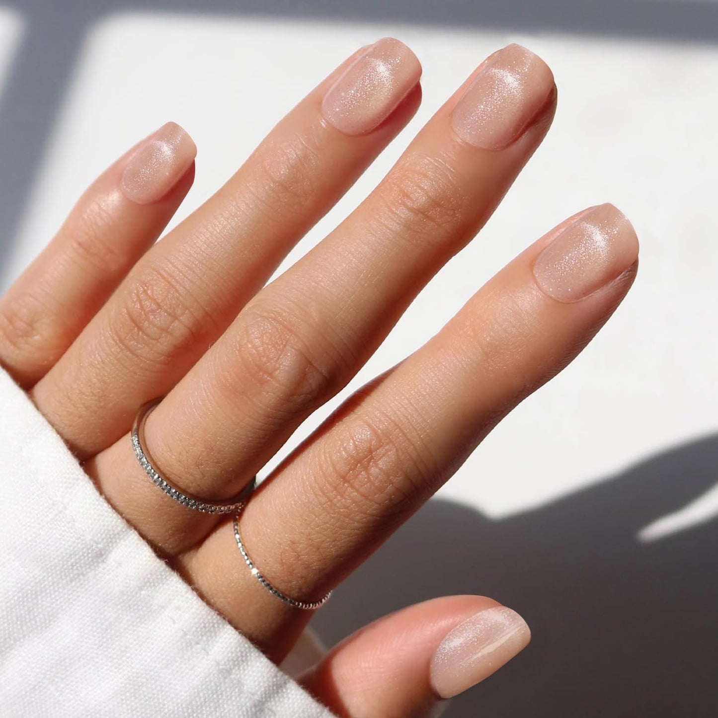 SnypeeLab Nude Cat Eye Press on Nails Short Square, French Tip Short Square Glue on Nails for Women Gift, Reusable Soft Gel Press on Acrylic Nail with Designs 30Pcs(Nude)
