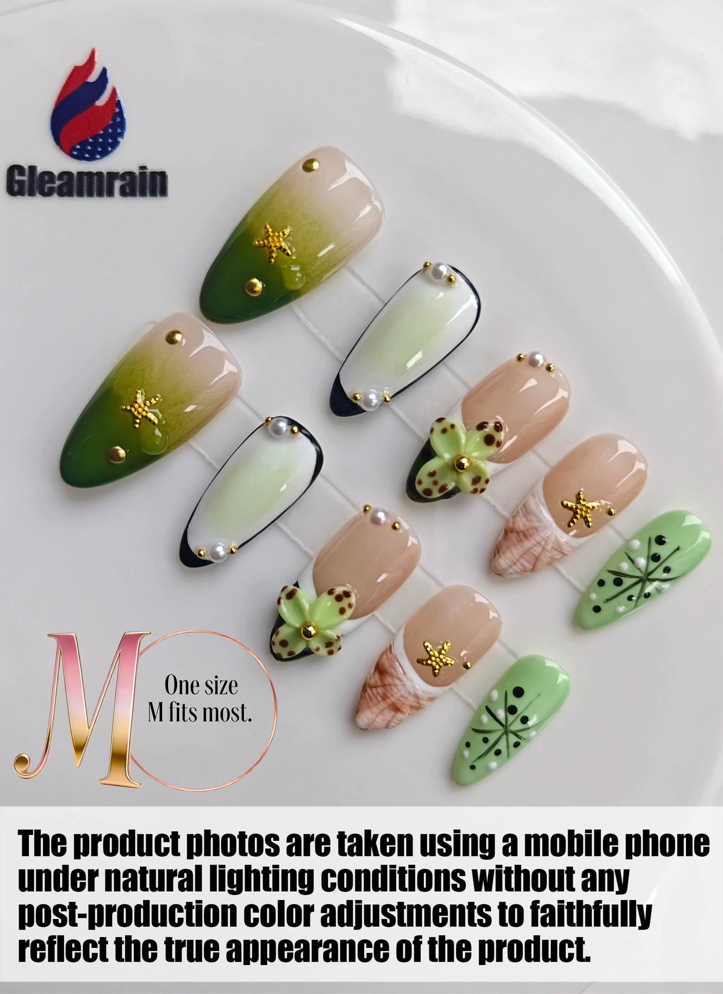 Gleamrain Almond Medium Handmade Press on Nails for Women, Handcrafted Floral Design Green Reusable Full Cover Fake Nail for Daily Wear Summer Vacation Use Set D304