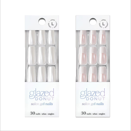 Dashing Diva Nailbliss Glazed Donut Gel Manicure Bundle - Vanilla Glaze & French Glaze - Salon Quality, Easy to Apply and Chip Resistant - Contains 2 Sets of 30 Long Length, Square Shaped