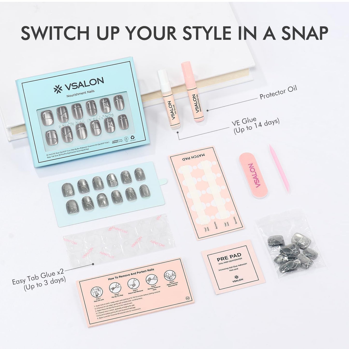 VSALON Square Short Press on Nails, Silver Gray 3D Urban Punk Style Cat Eye Glossy Glue on Nails, Reusable Opaque Gel Fake Nails, 32 pcs in 16 Sizes with Glue & Cuticle Oil False Nails Kit