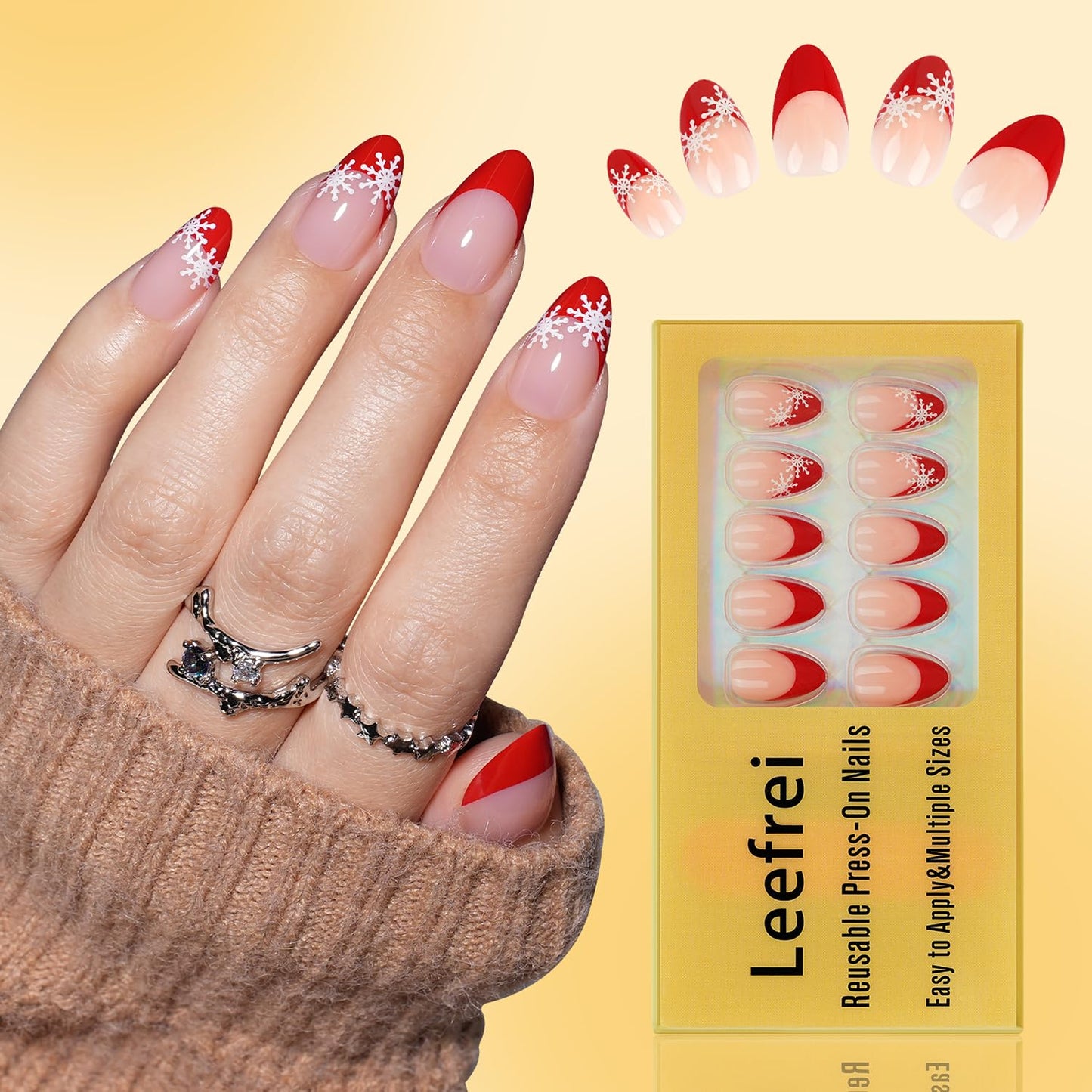 Leefrei French Tip Press on Nails - Glossy Red Press on Nail with Snowflakes, Short Almond Fake Nails Reusable Nails Press ons for Women, 32 Pieces in 16 Sizes False Nails Kit with Glue, Crimson Snow