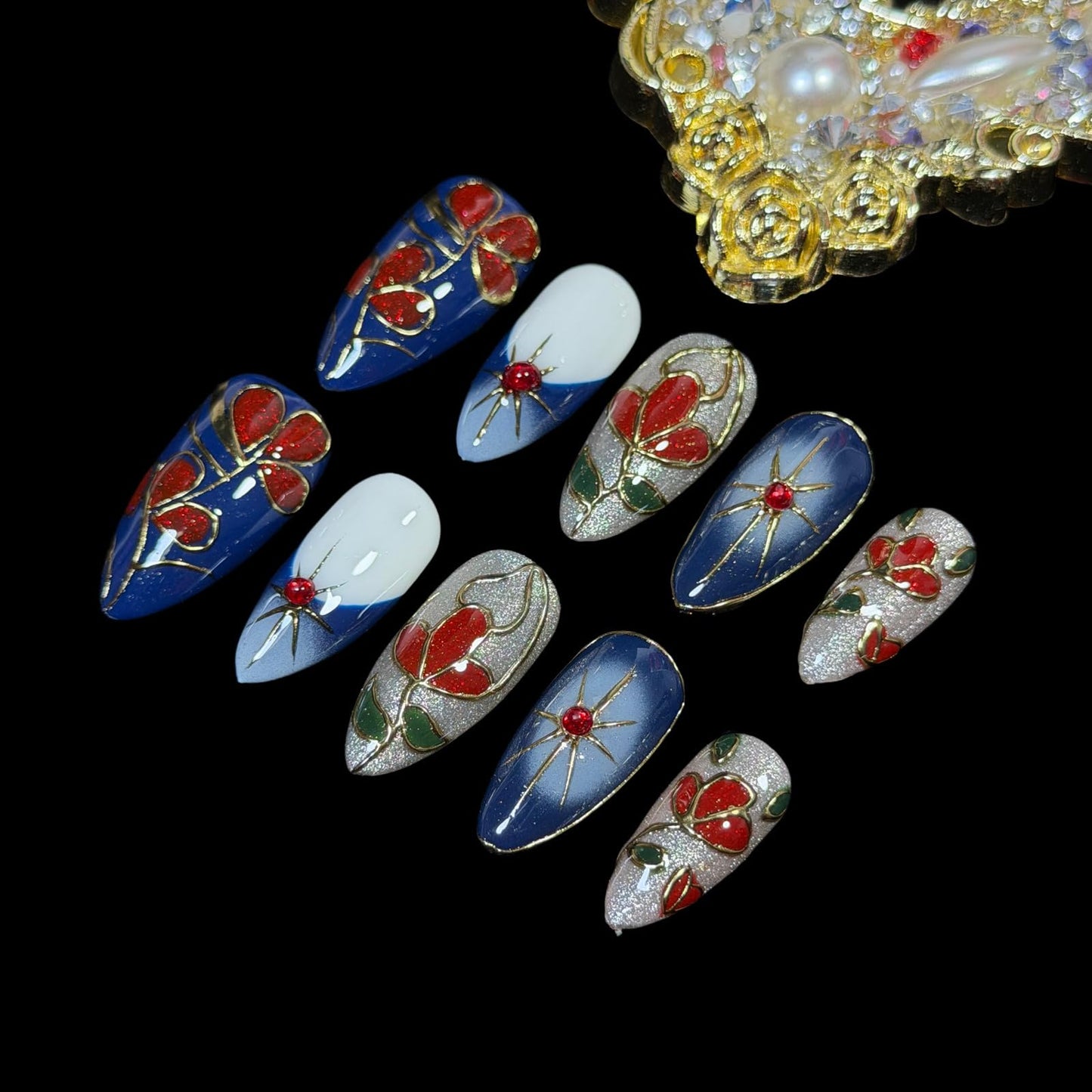 Handmade Press On Nails, Medium Almond Hand-Painted Floral Design, Luxury Blue & Red Art with Gold Outline Design, Reusable Acrylic Fake Nails Set Enamel (S)
