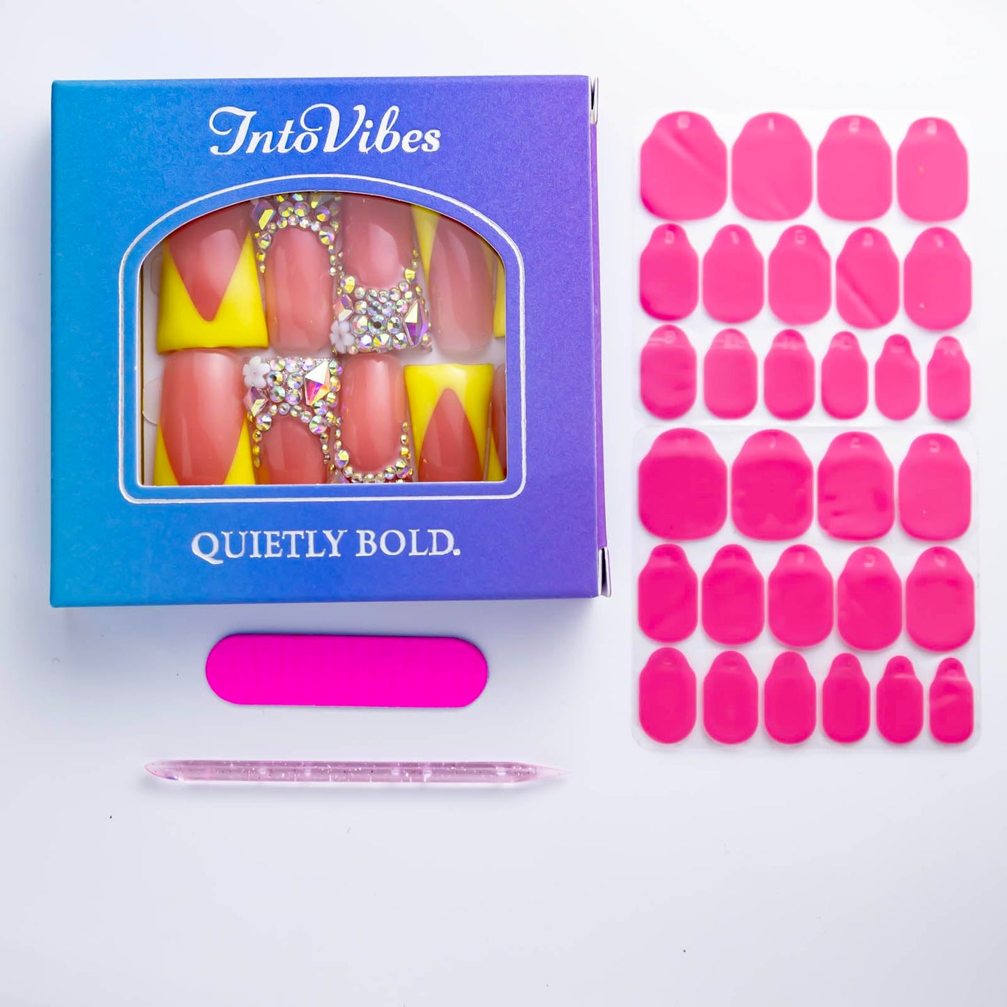 IntoVibes 10 Pieces Luxury Acrylic Press On Nails Long Handmade Duck Nails, Yellow Thickened False French Nails, With Bling Rhinestones & Y2K Princess Vibes, Reusable Acrylic Nails (M)