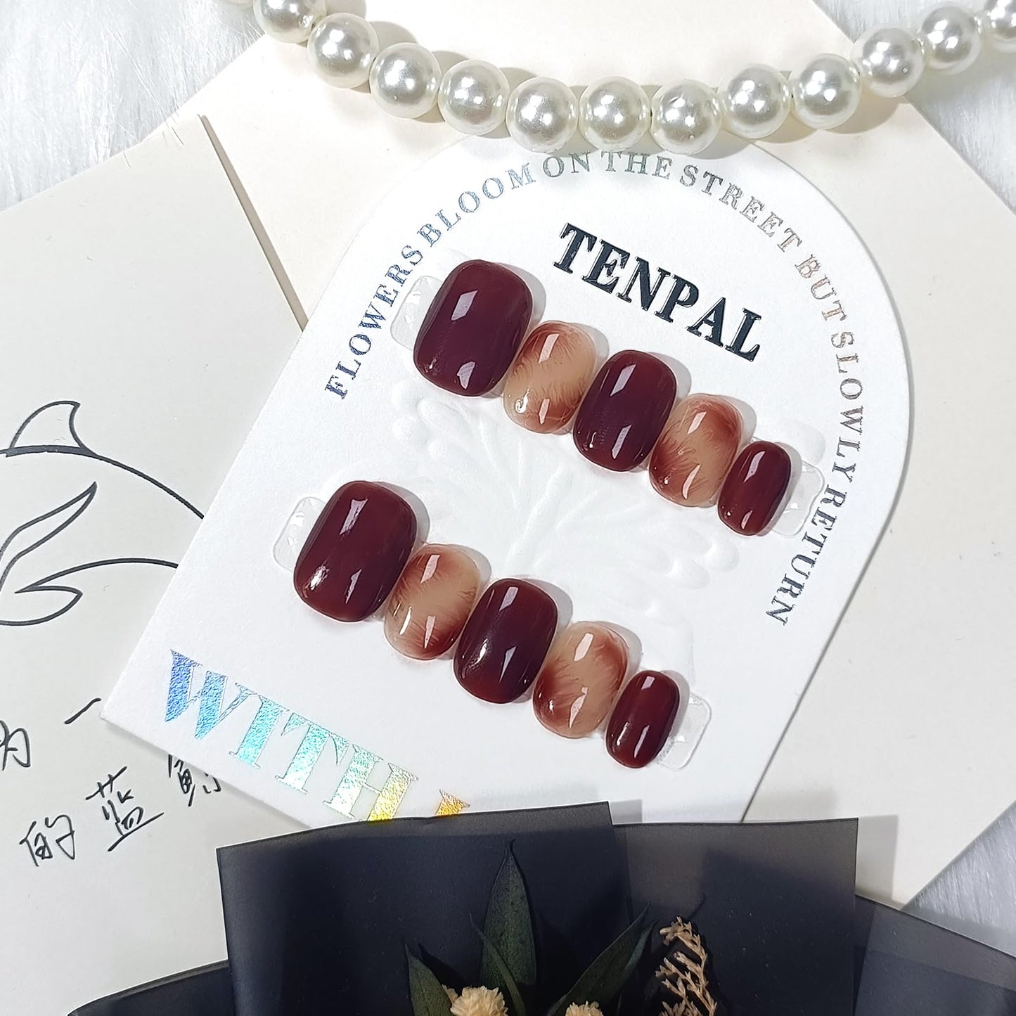 TENPAL Amber Caramel Blending Press on Nails Short Square Acrylic Nails Press Ons for Autumn and Winter Glossy Full Cover Brown Gel Fake Nails with Glue 10pcs/box Glue on Nails Short Daily Wear(XS)