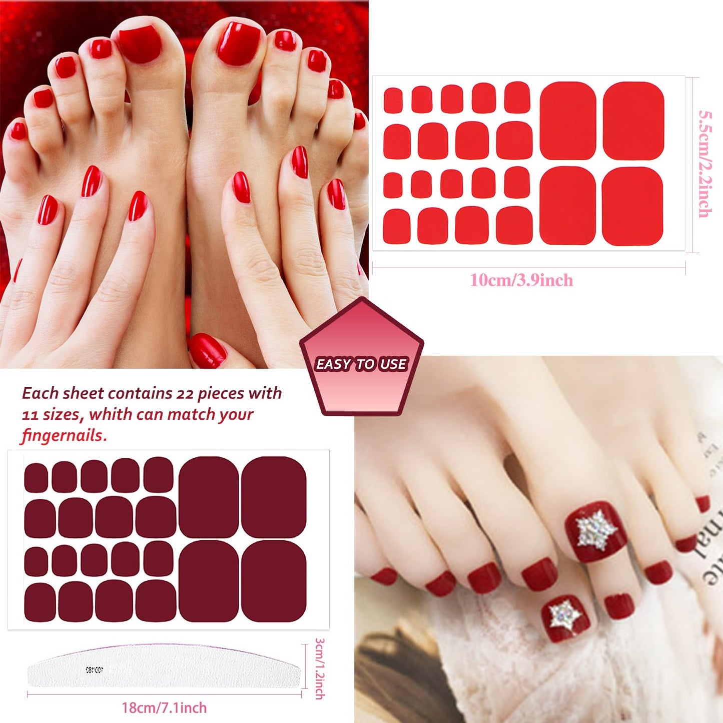 JERCLITY 440 Pieces 20 Sheets Solid Color Toenail Polish Strips Full Nail Wraps for Women Nail Art Wraps Toe Nail Stickers for Toes Nail Polish Stickers for Toenails Decals