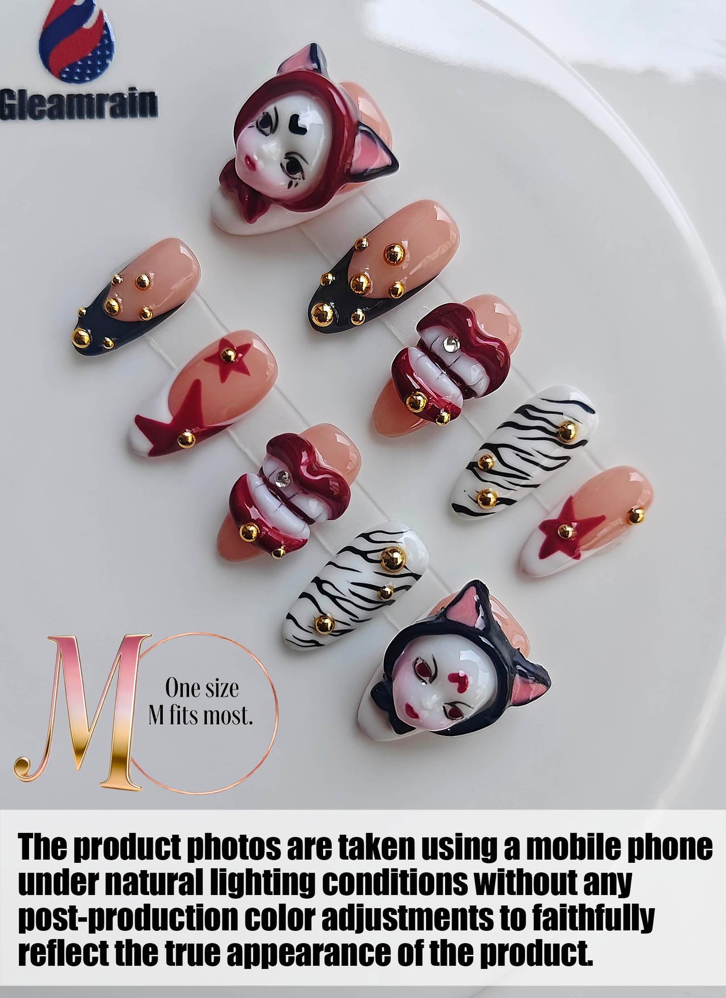 Gleamrain Edgy Almond Handmade Press on Nails Medium Length for Women M Size, Handcrafted Star Design Reusable Full Cover Fake Nail for Party Birthday Holiday Halloween D320
